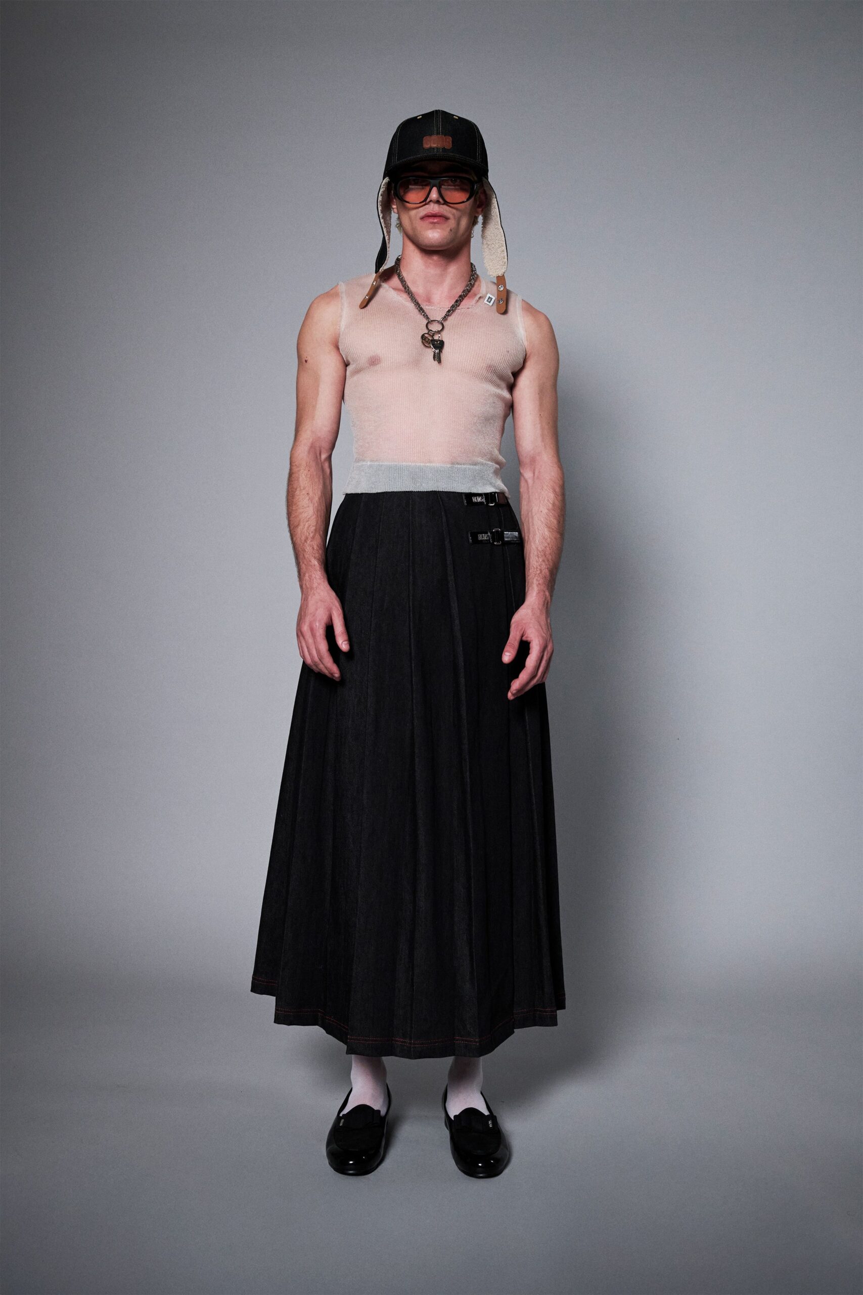 black denim relaxed high-waisted pleated midi skirt
