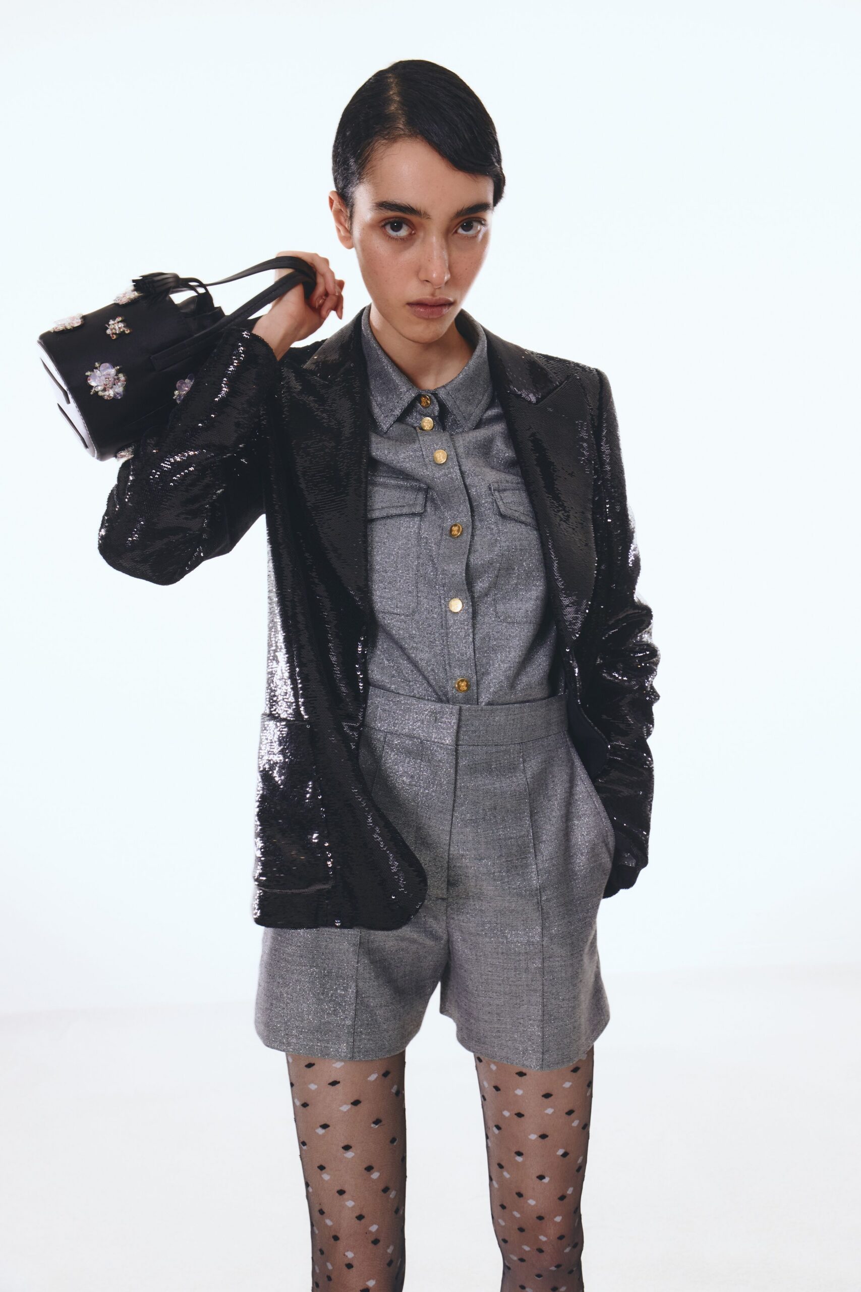 black sequined blazer gray shirt shorts