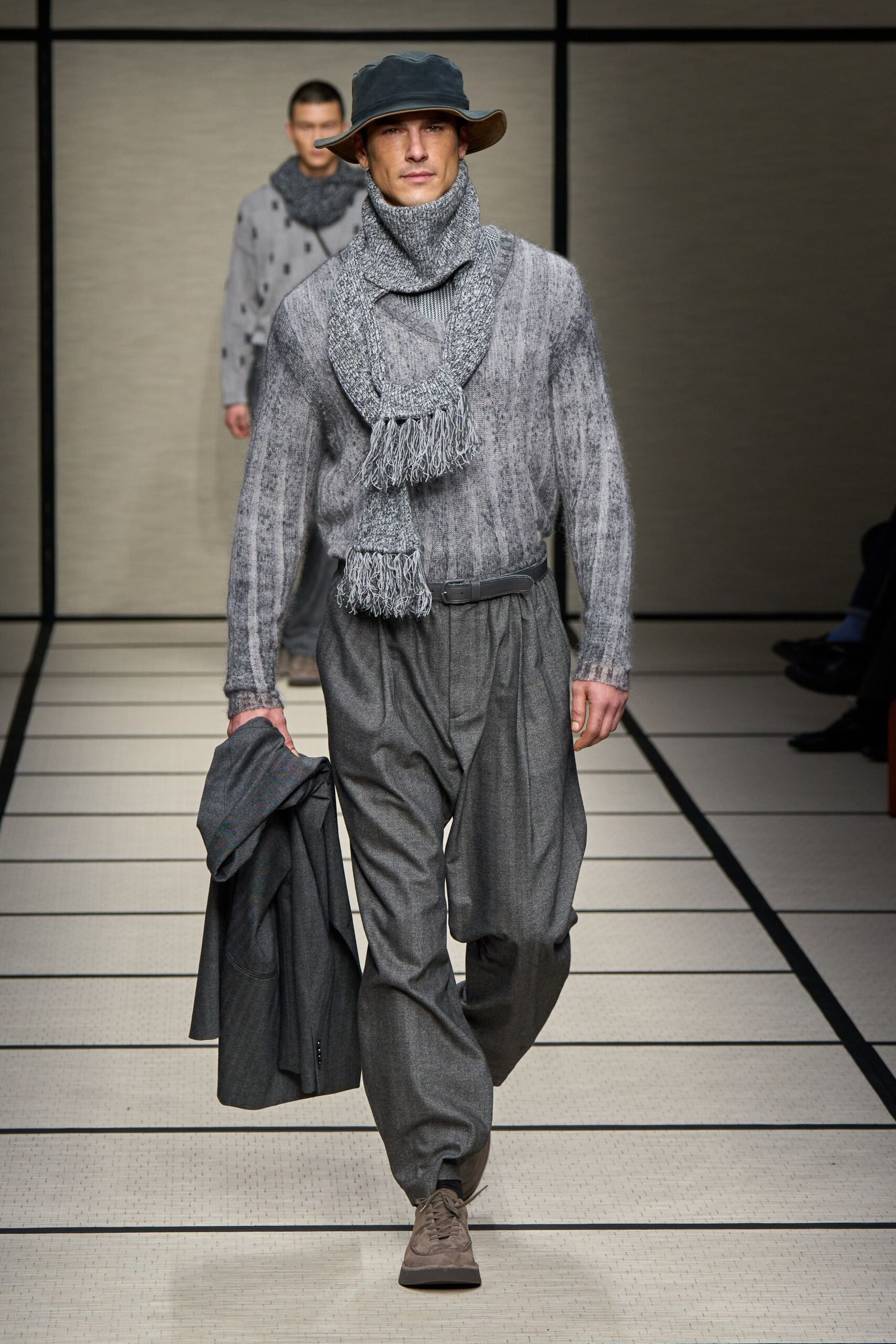 gray wool long-sleeve structured buttoned coat