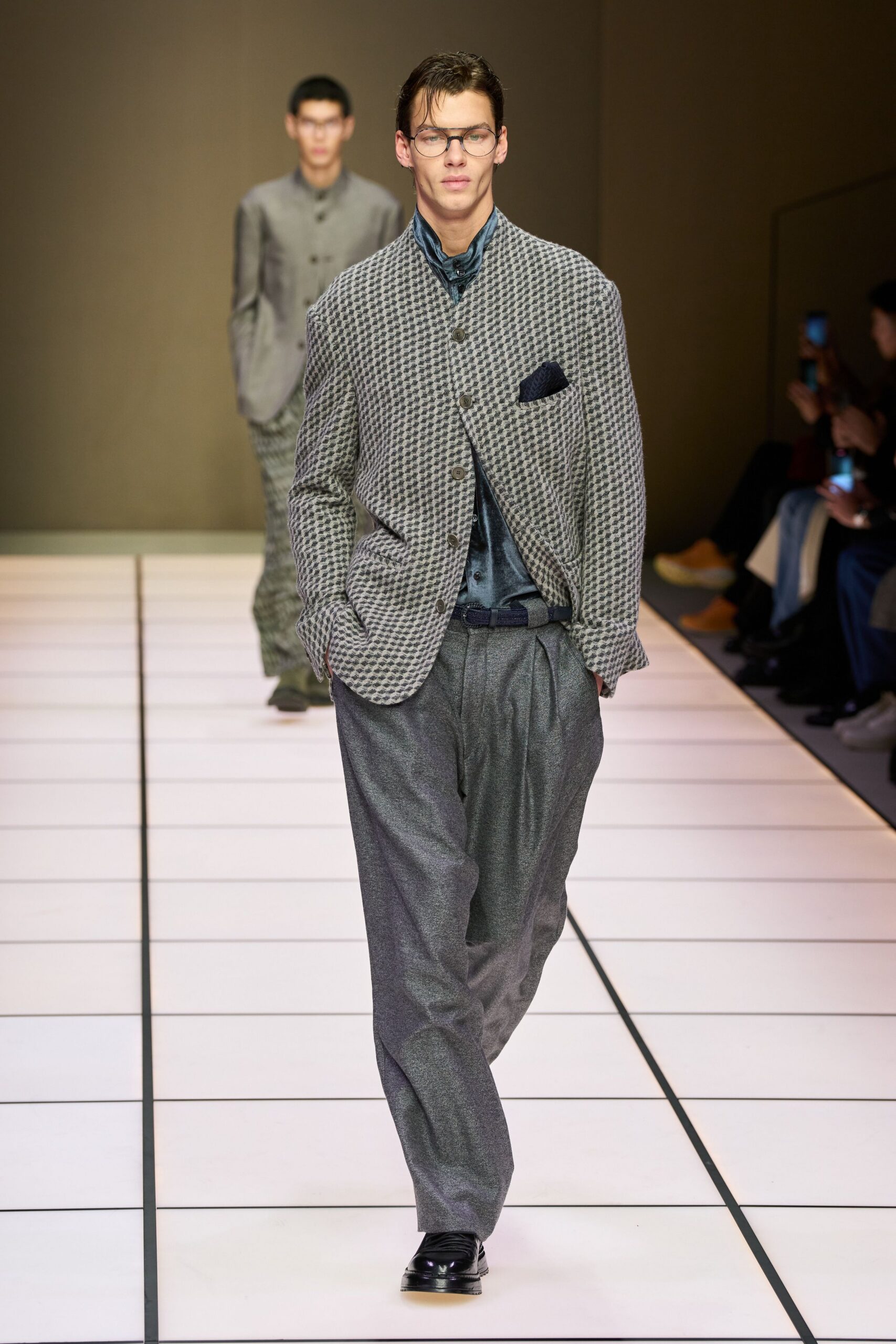 gray checked blazer with blue shirt