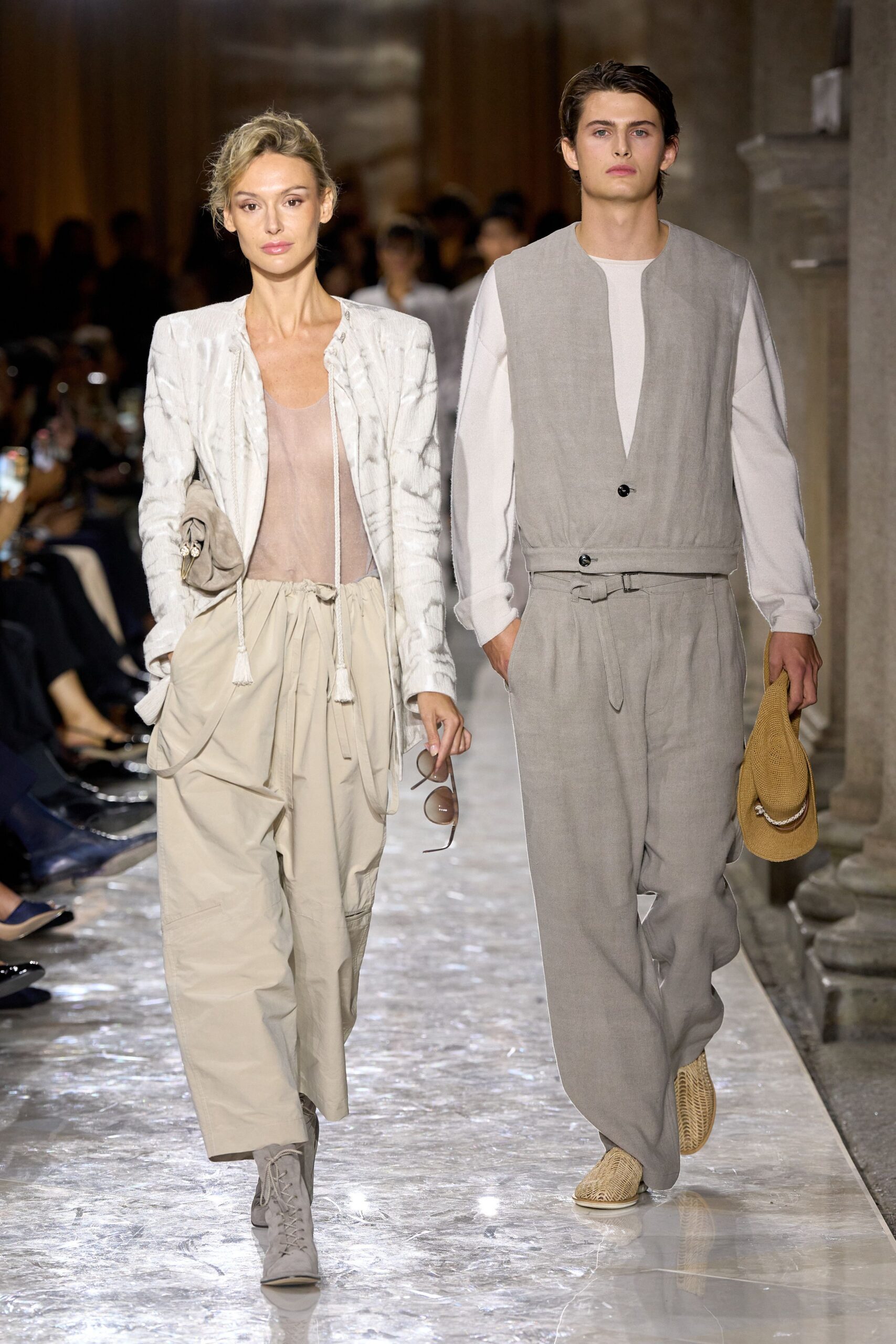 beige and gray fashion runway