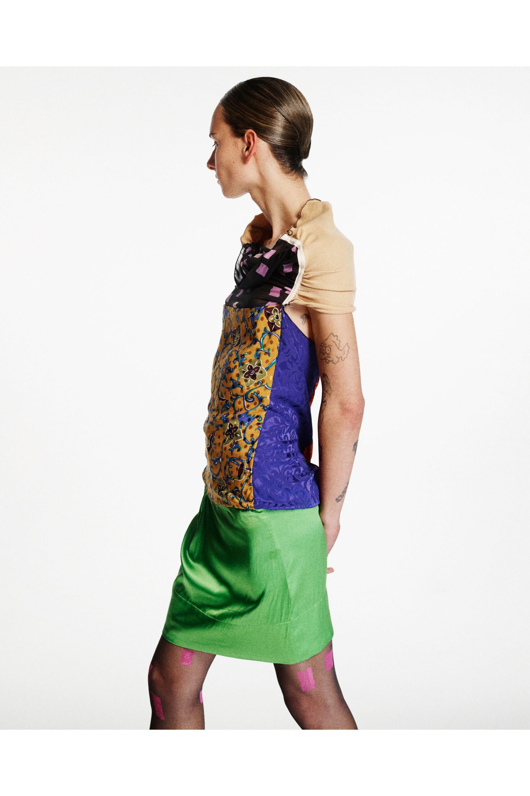 beige silk short-sleeve collared fitted pleated printed top