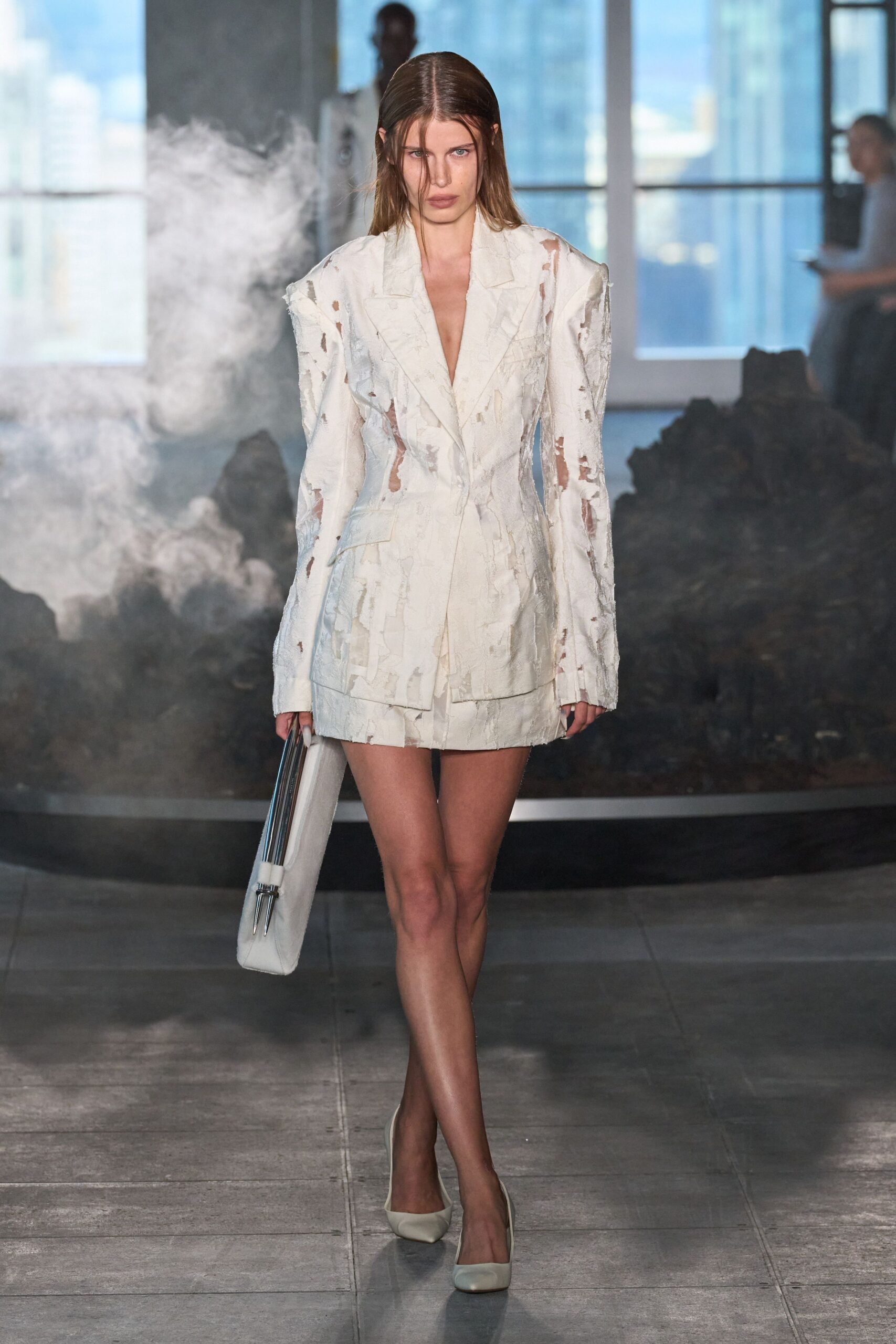 white cotton long-sleeve v-neck fitted buttoned distressed blazer