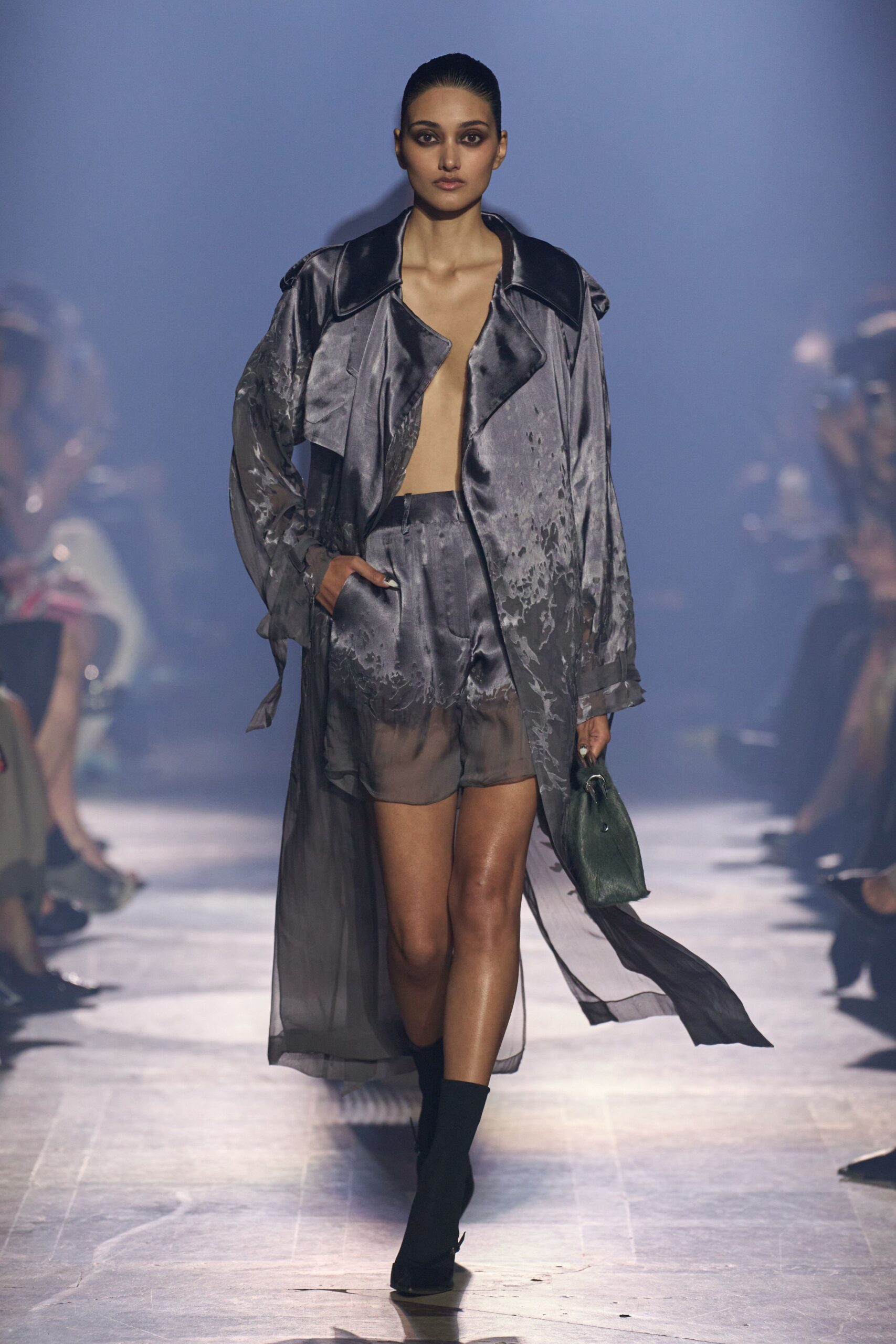 gray silk long-sleeve collared relaxed layered flowing coat