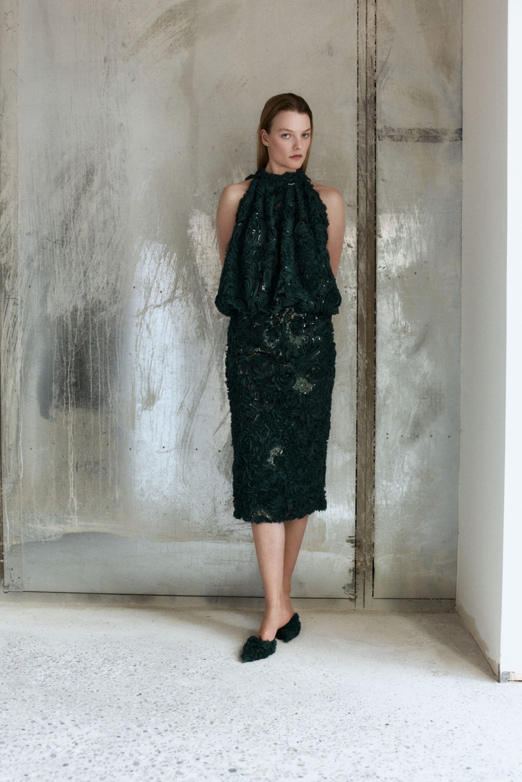 green lace sleeveless high-neck fitted embroidered tiered dress