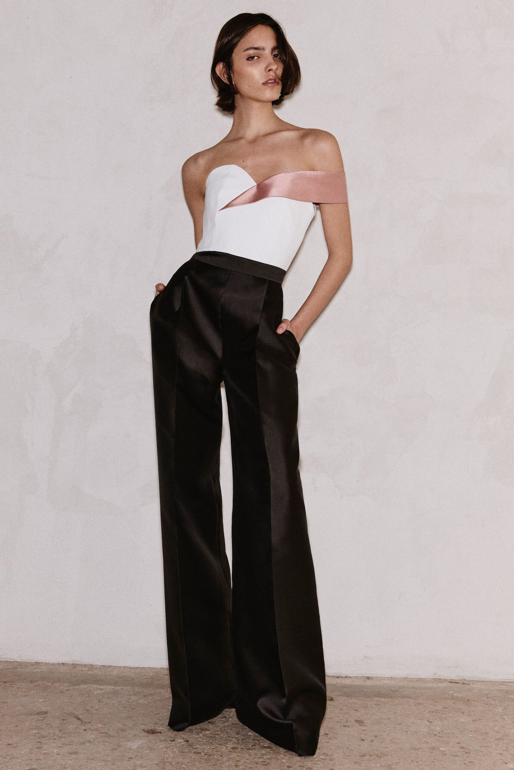 white silk strapless v-neck fitted draped top