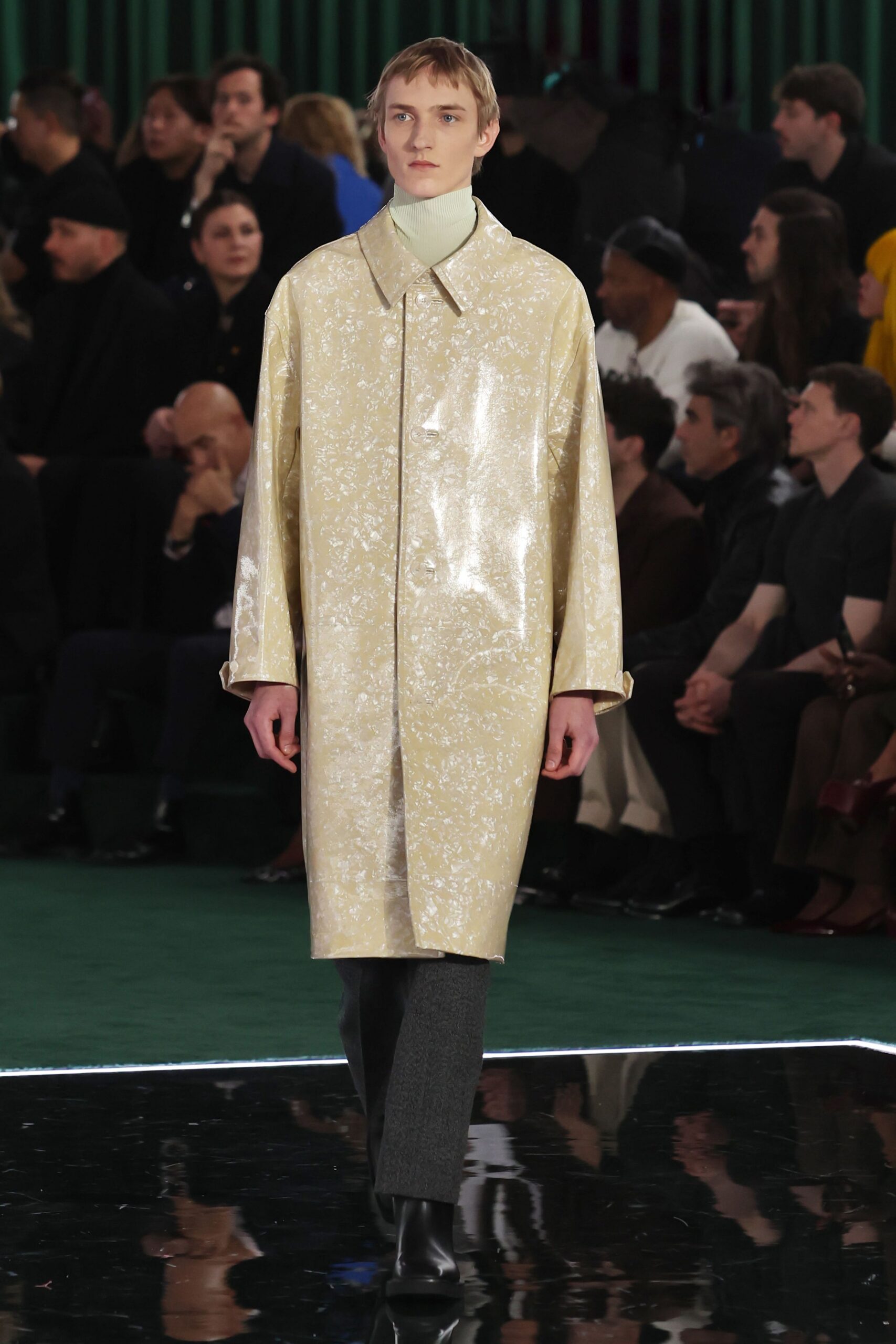 beige vinyl long-sleeve collared relaxed shiny coat