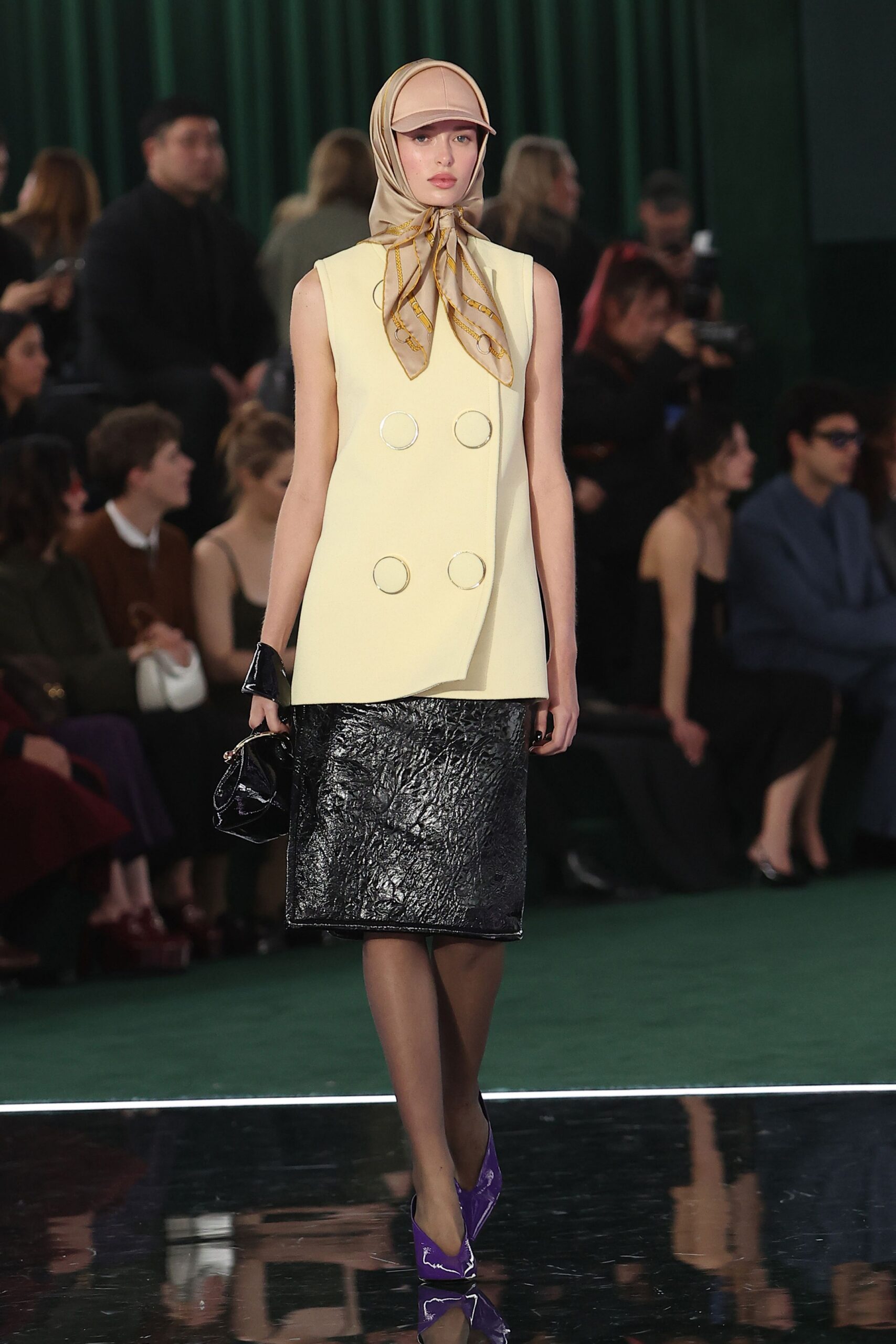 yellow silk sleeveless collared fitted buttoned blazer