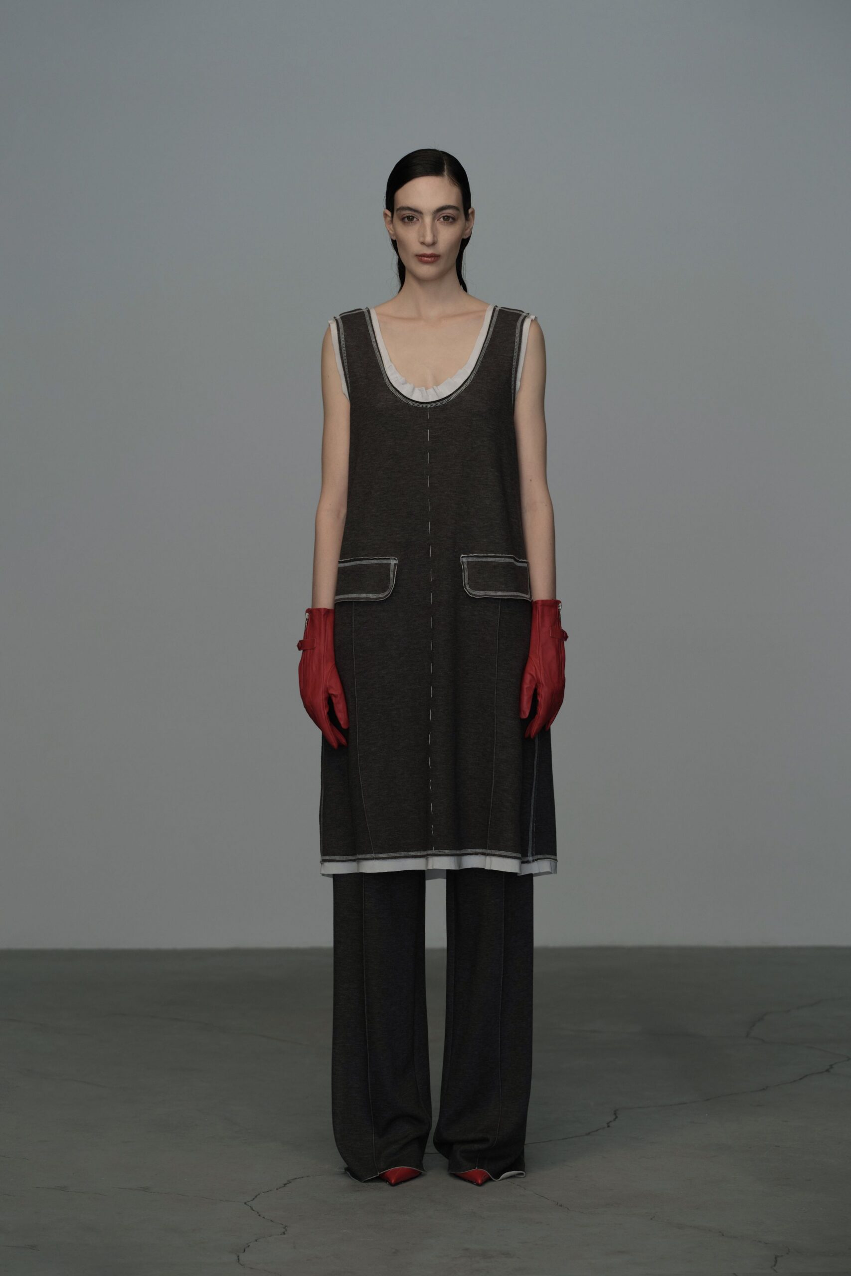 gray relaxed midi dress with red gloves