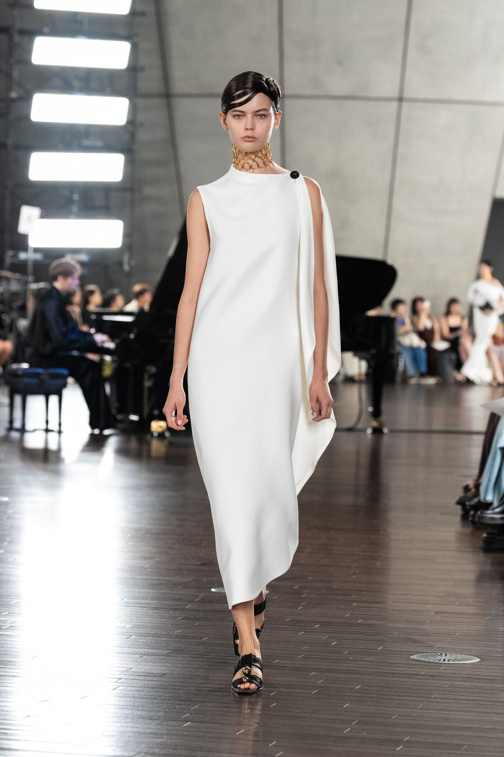 white silk sleeveless high-neck fitted draped midi dress