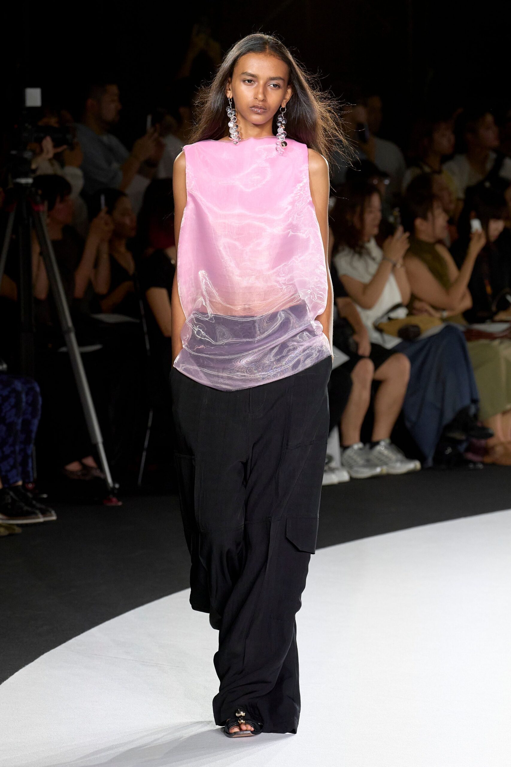 pink silk sleeveless high-neck relaxed layered sheer top