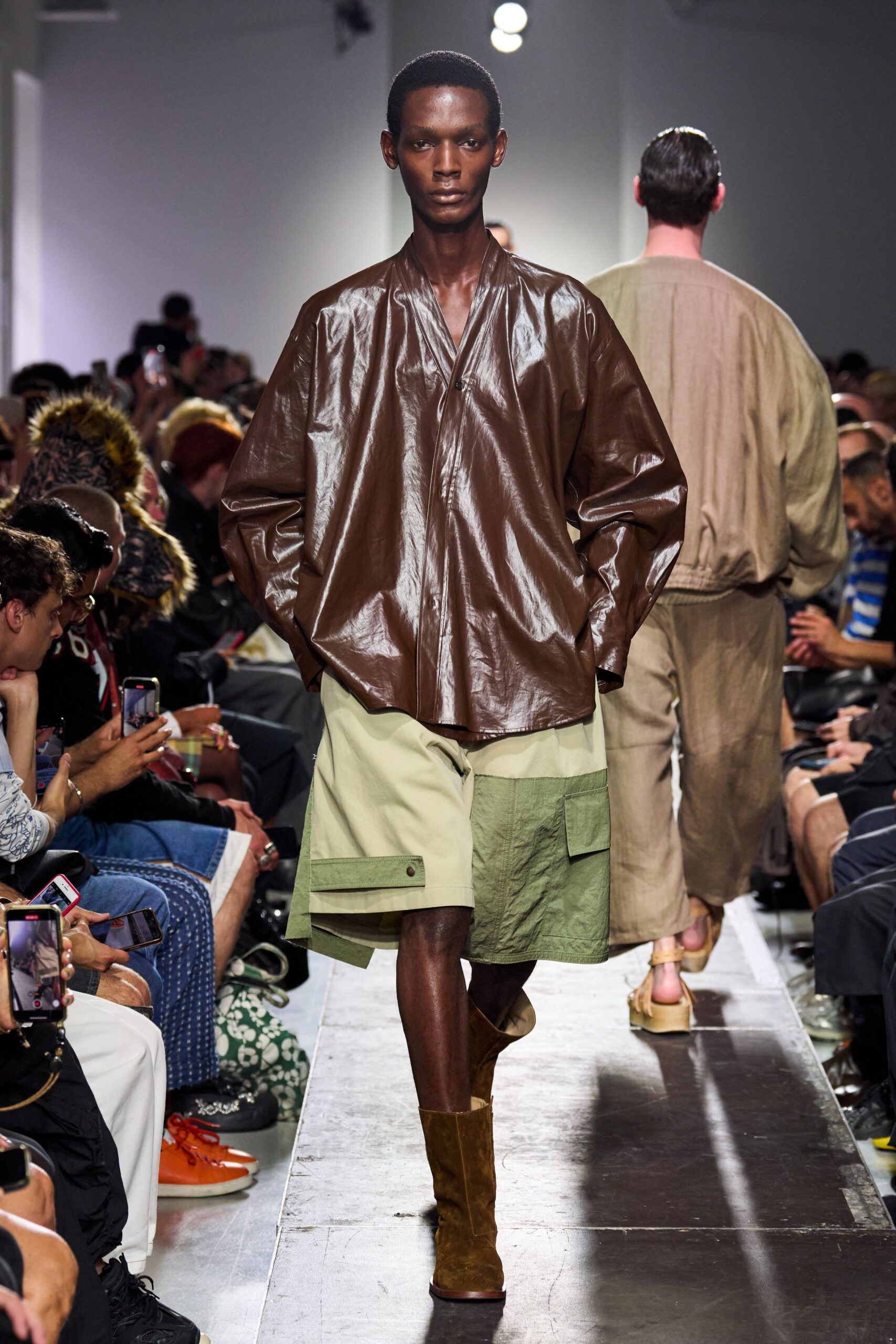 brown leather shirt with green shorts