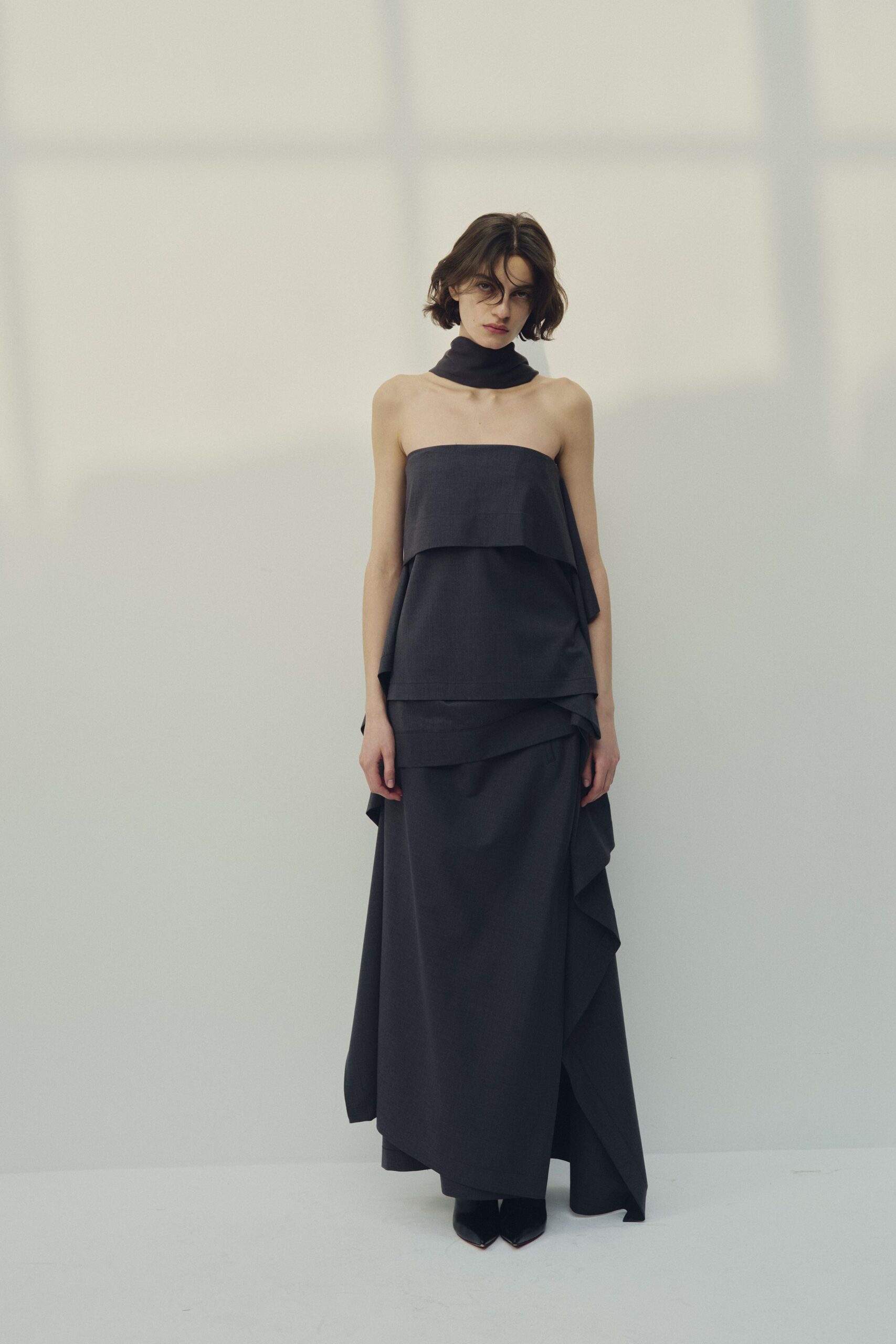 gray cotton strapless fitted layered ruffled maxi gown