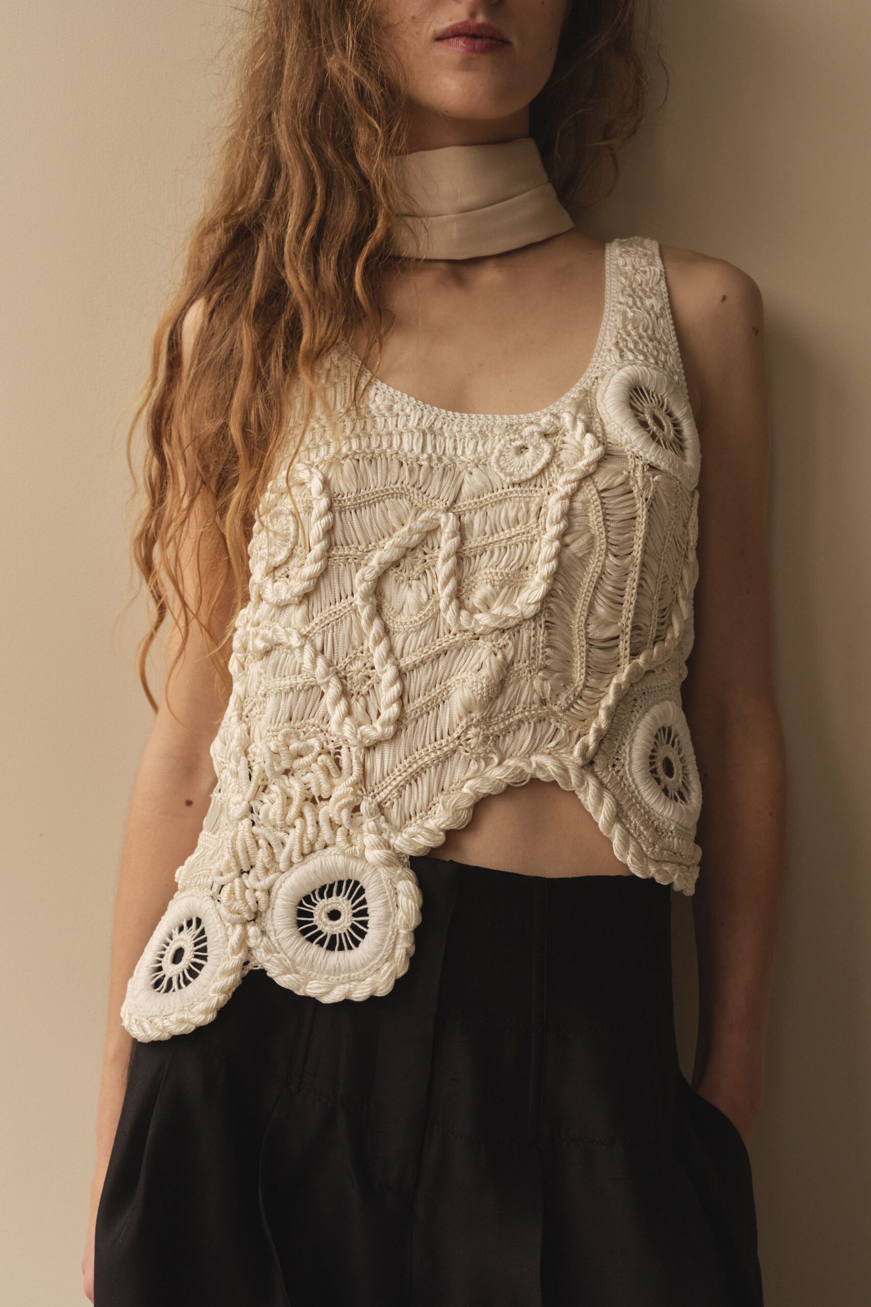 white cotton sleeveless high-neck fitted embroidered cropped top