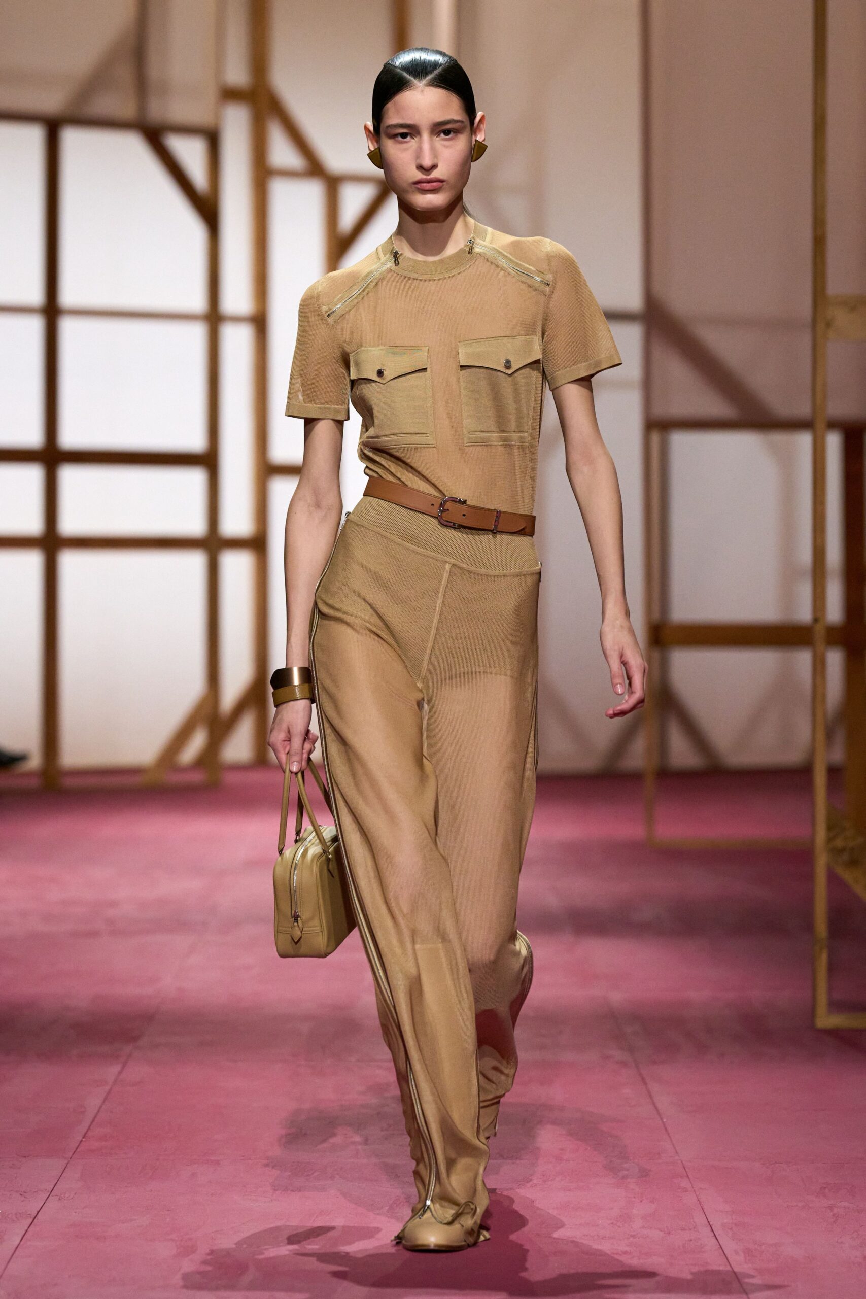 beige cotton short-sleeve collared fitted zippered pockets jumpsuit