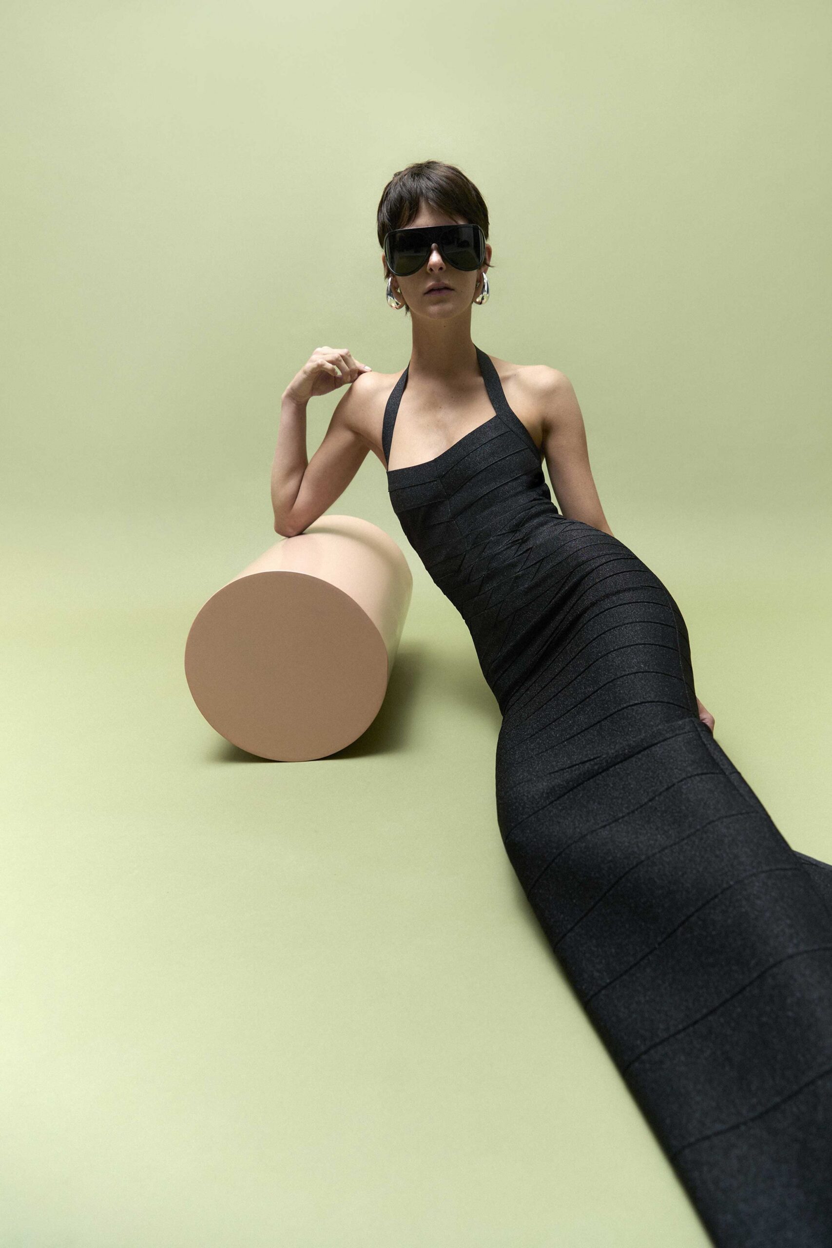 black cotton sleeveless halter fitted ruched shiny gown