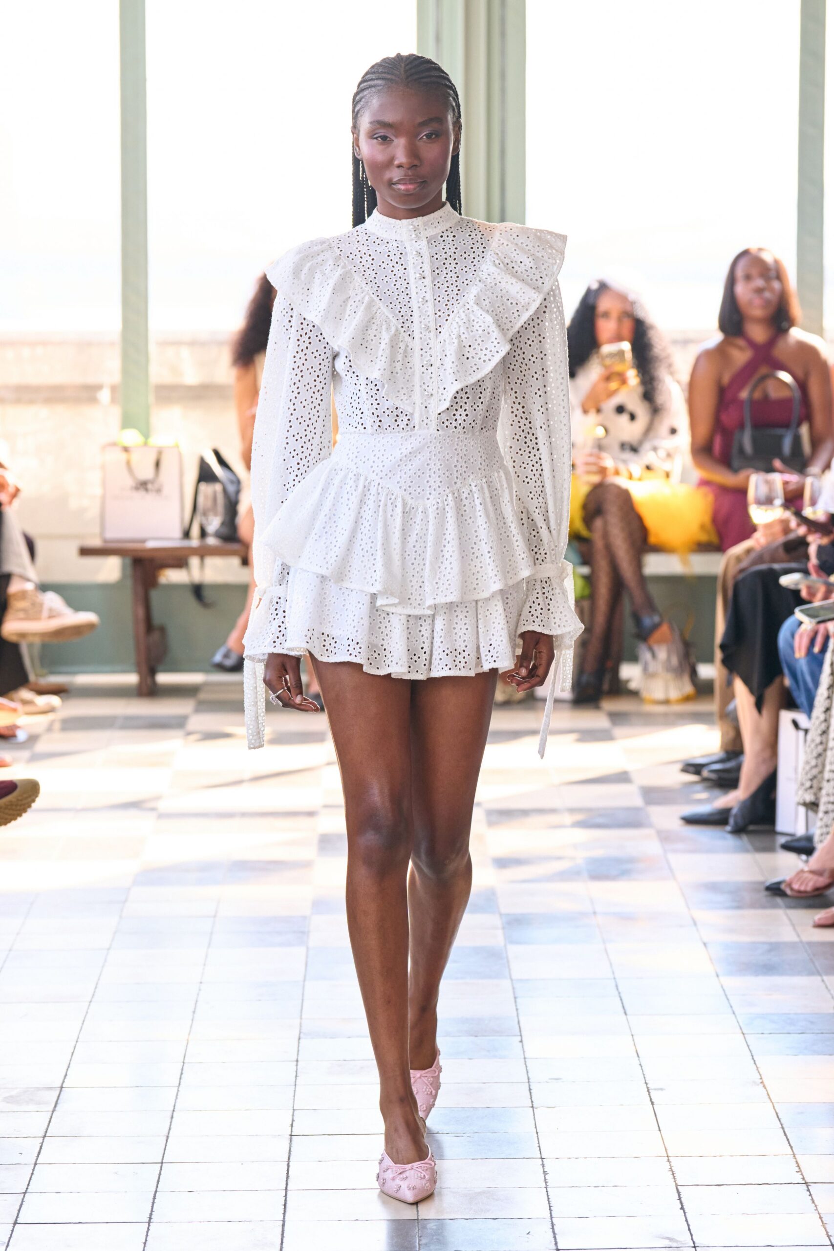 white cotton long-sleeve collared fitted ruffled tiered dress