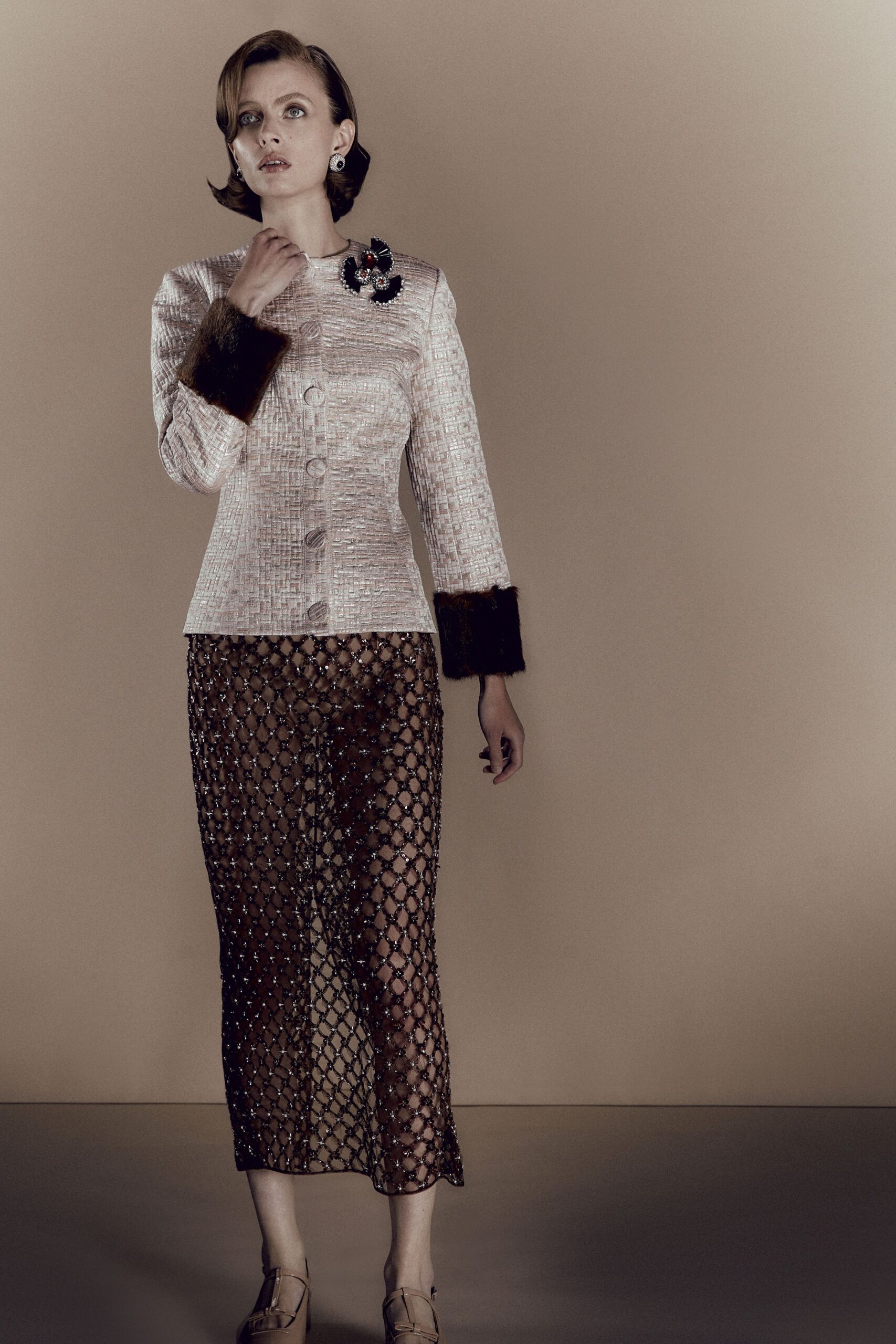 beige silk long-sleeve collared structured buttoned blazer
