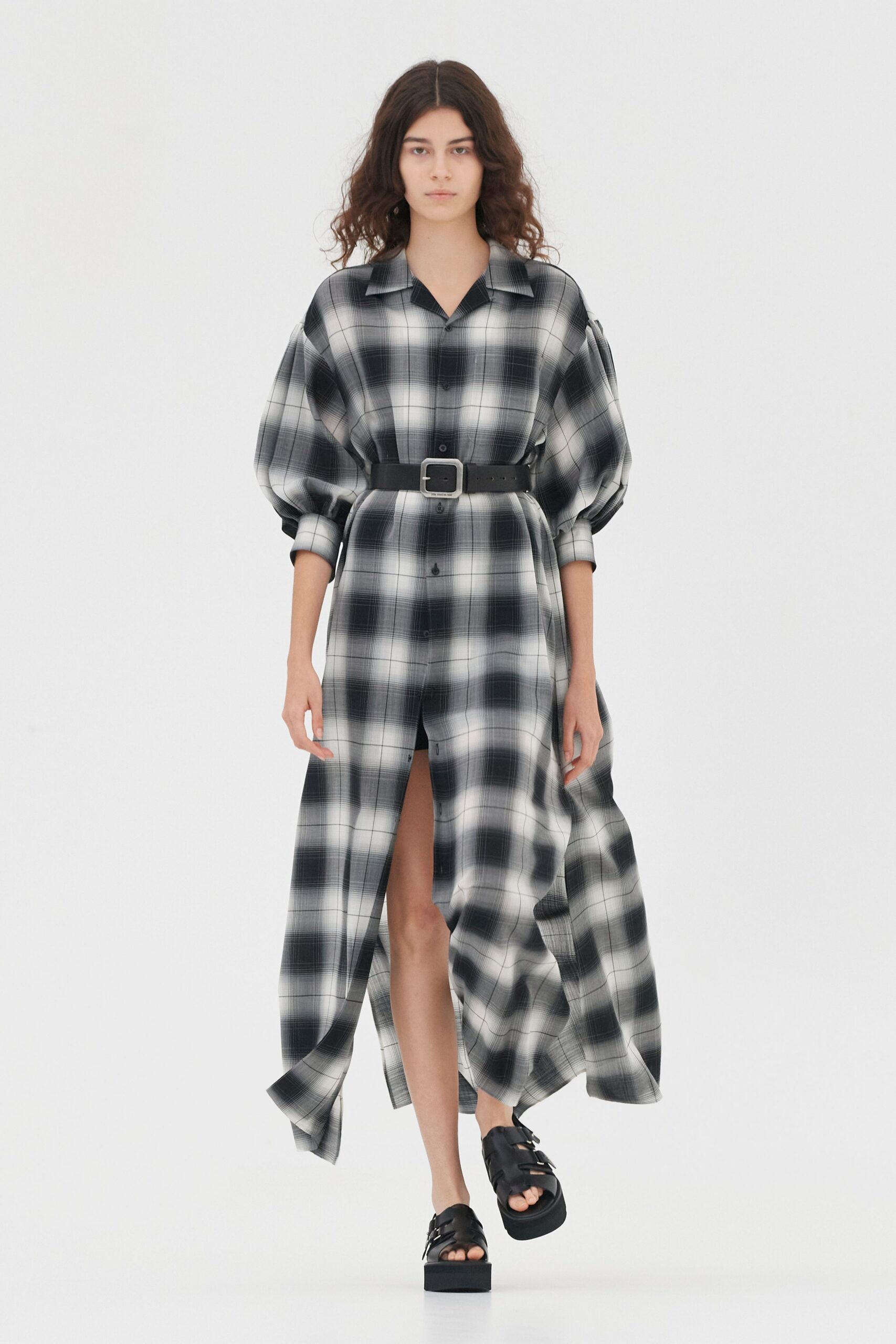 black cotton long-sleeve collared relaxed buttoned checked shirt-dress