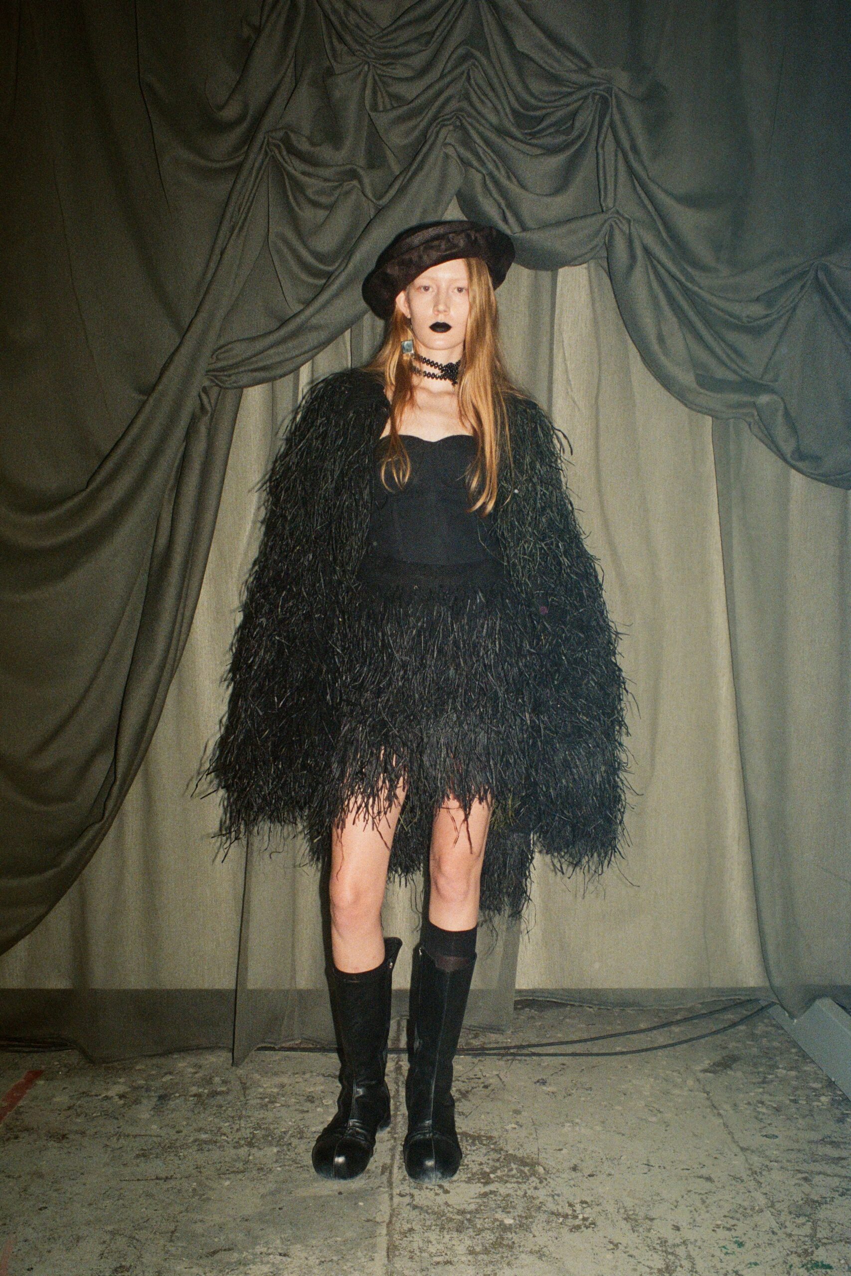 black fringed mini dress with coat