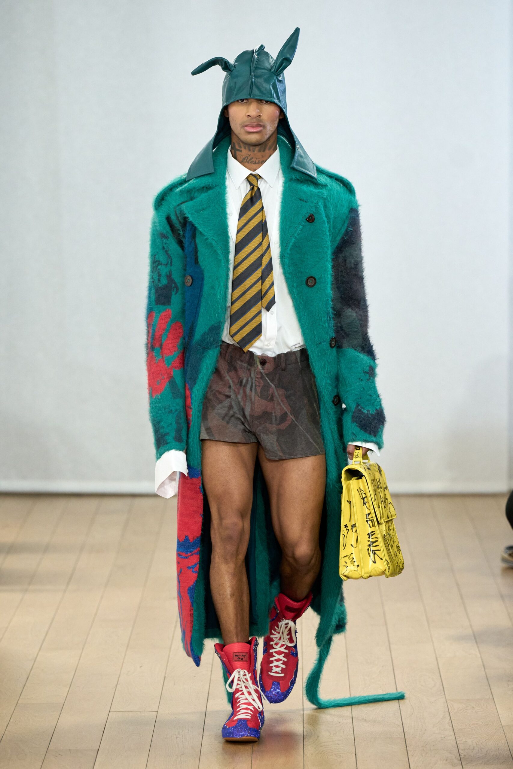 green wool coat with shorts