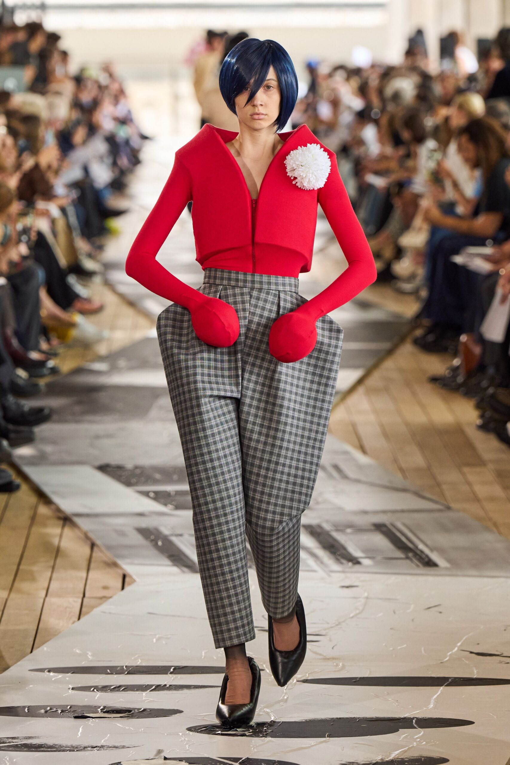 red cotton long-sleeve collared fitted pleated top