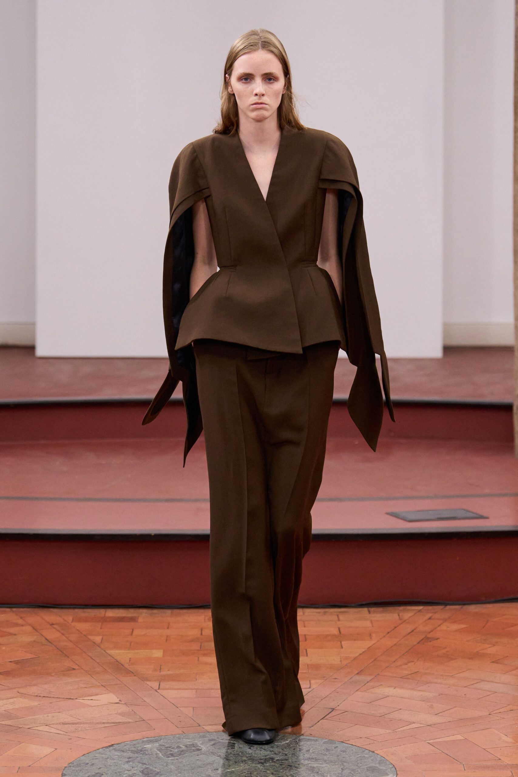 brown structured blazer with tailored pants