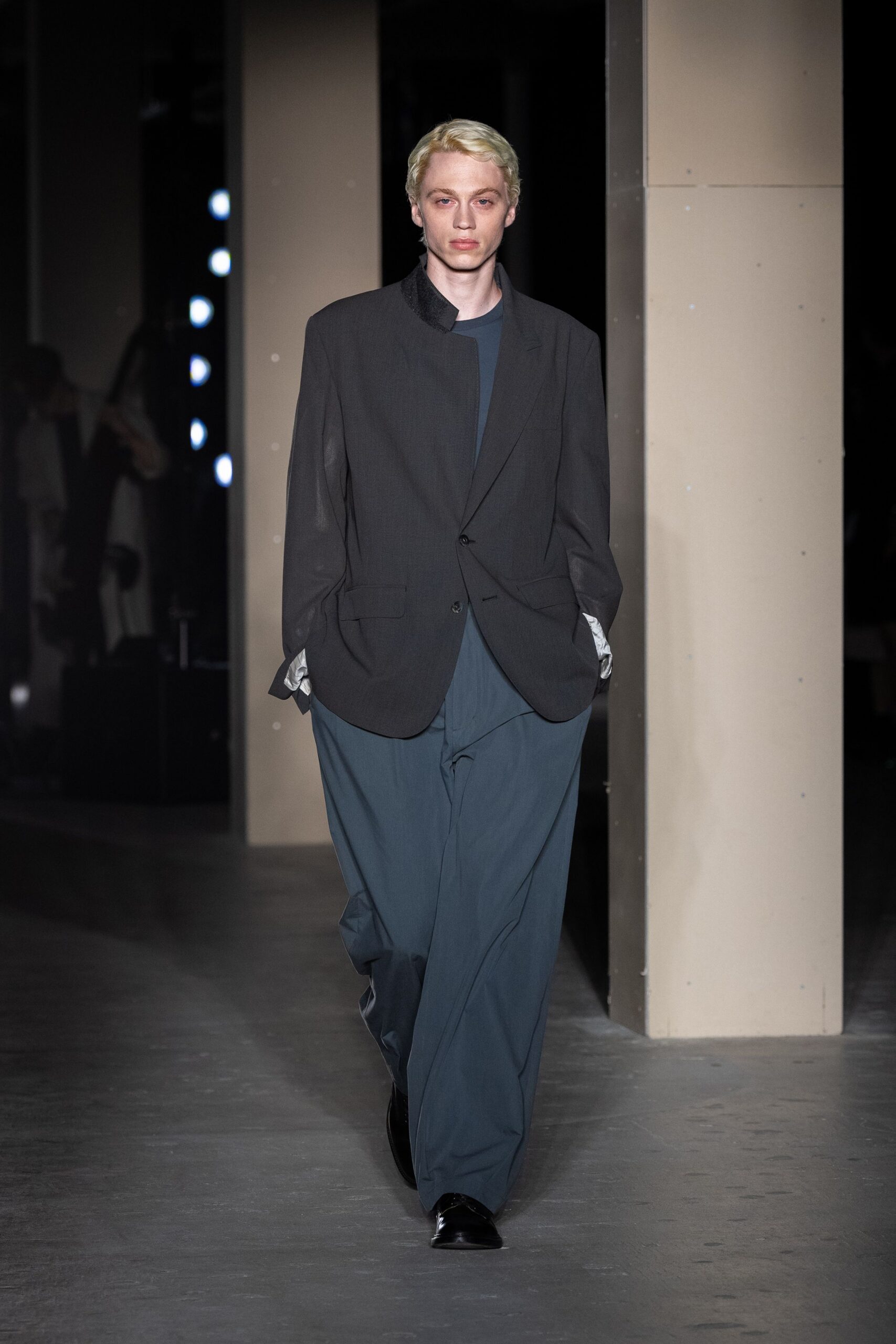 black blazer with blue top and pants