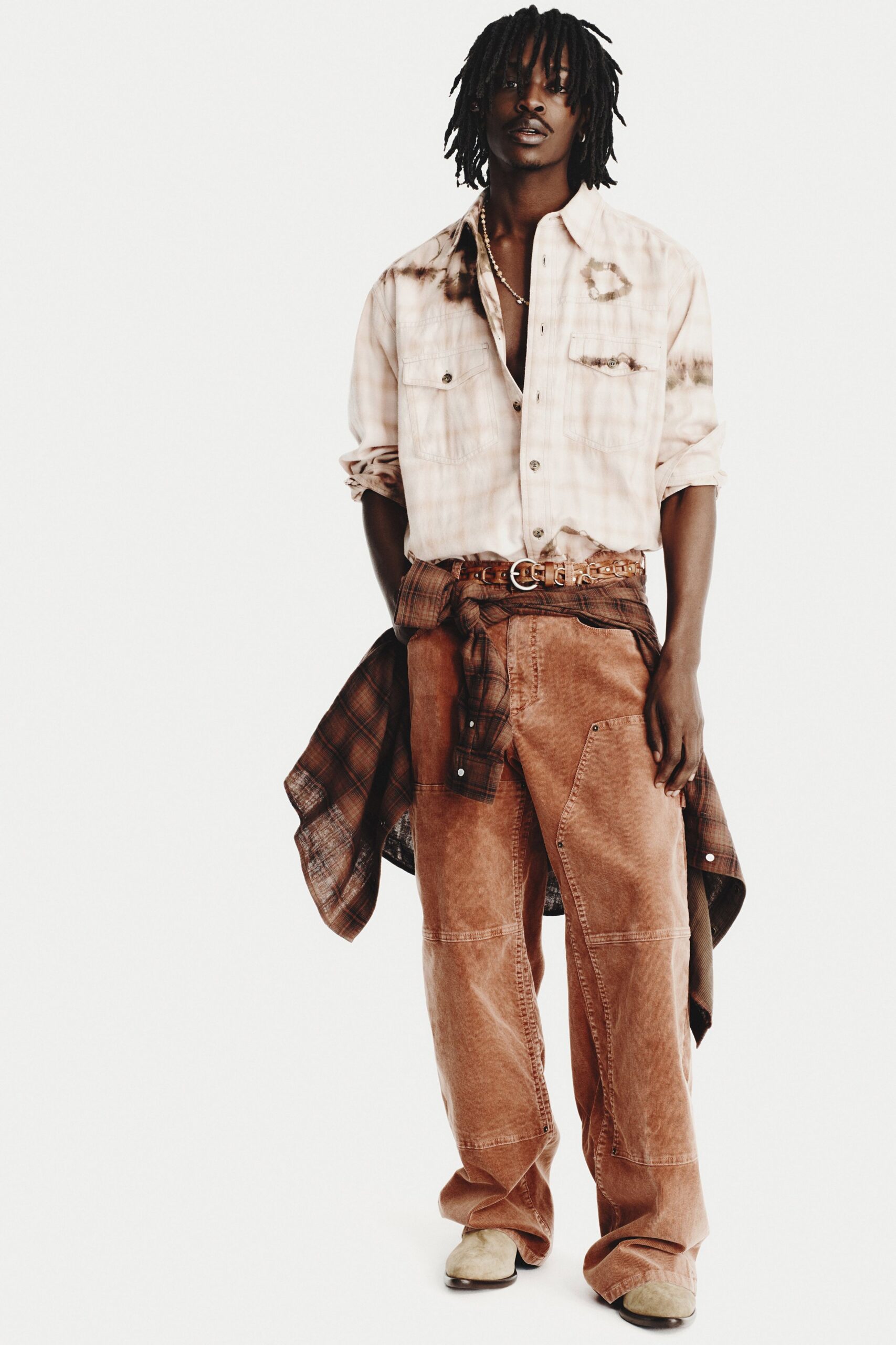 relaxed white checked shirt with brown pants