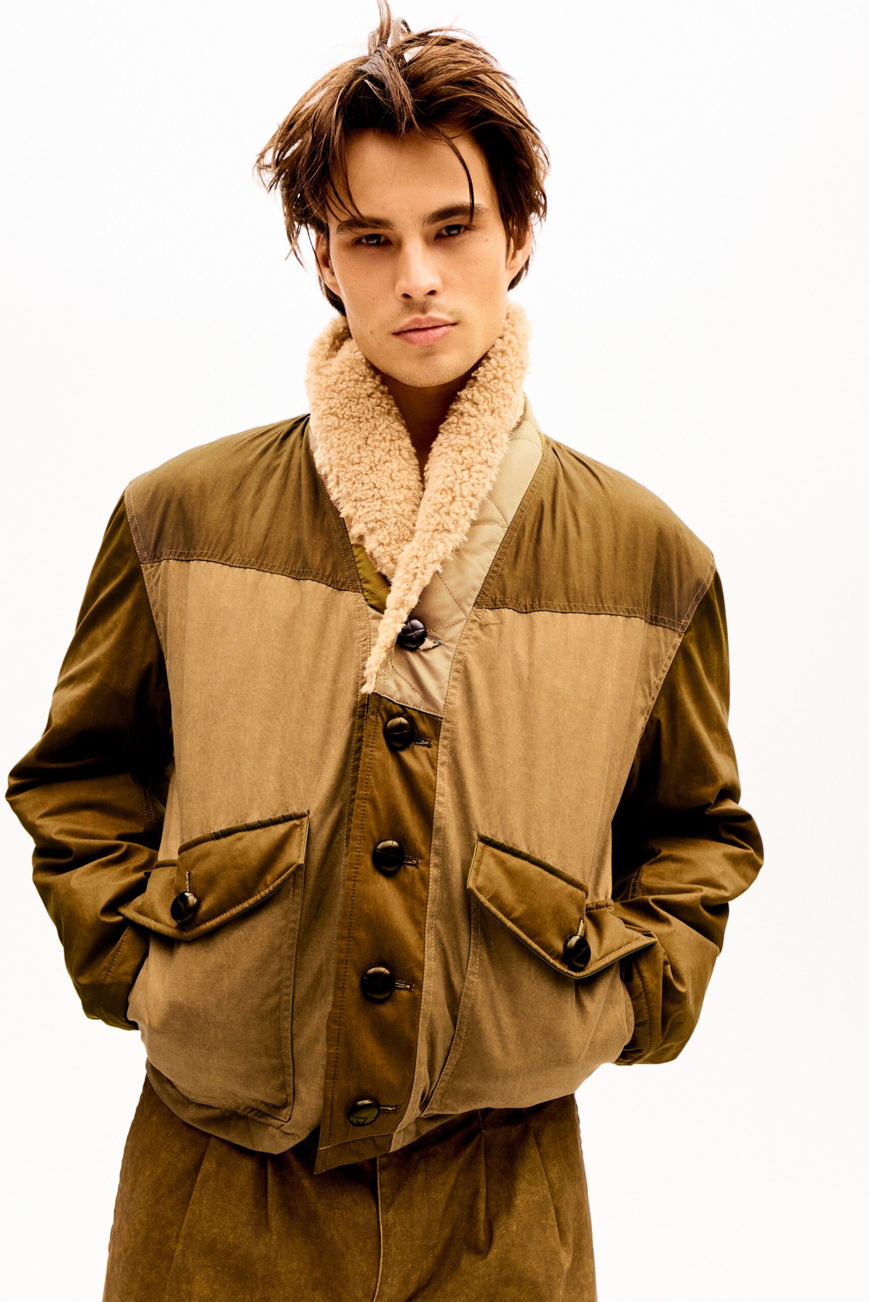 brown relaxed jacket with tailored pants