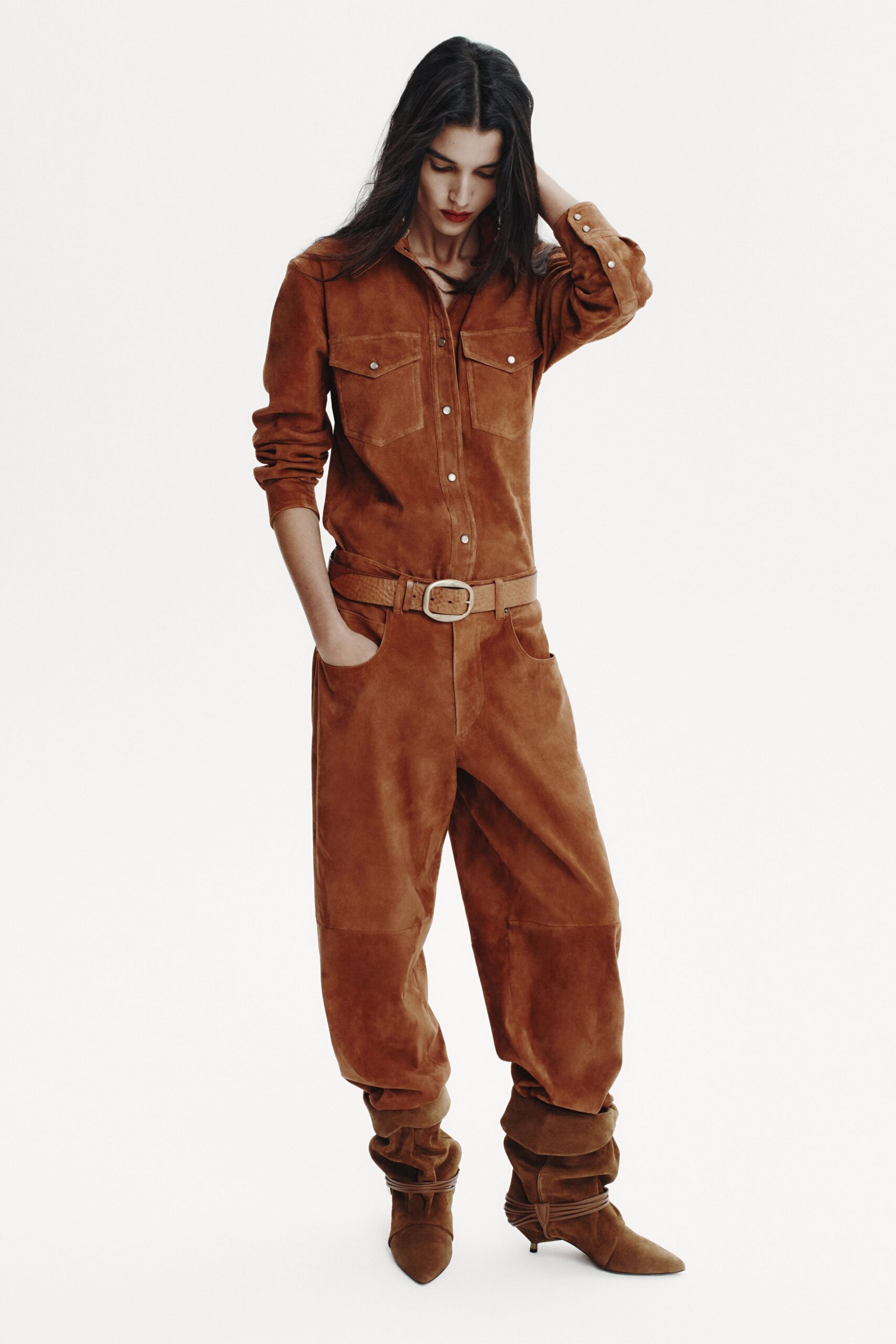 brown suede long-sleeve collared relaxed buttoned pockets jumpsuit