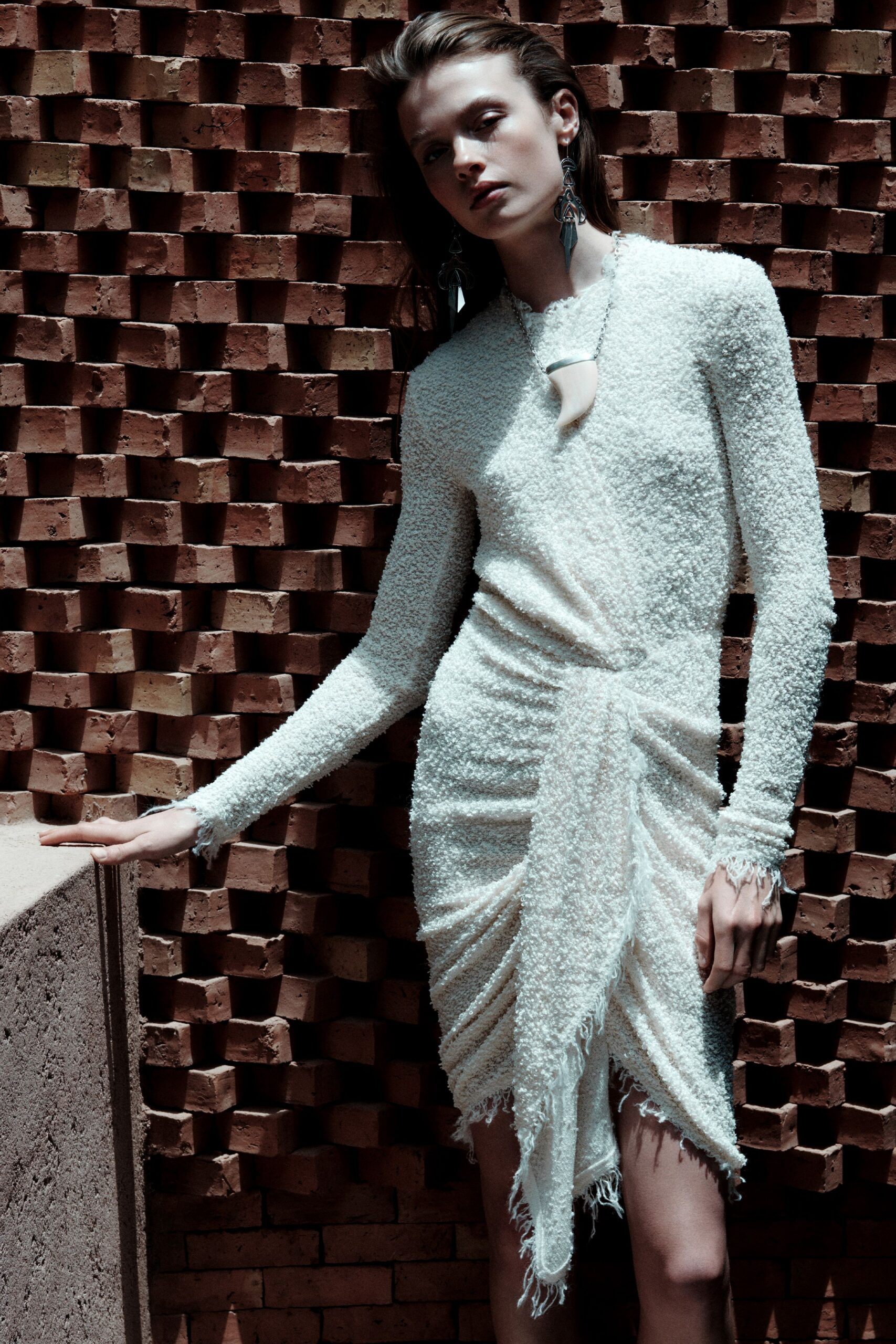 fitted white long-sleeve dress