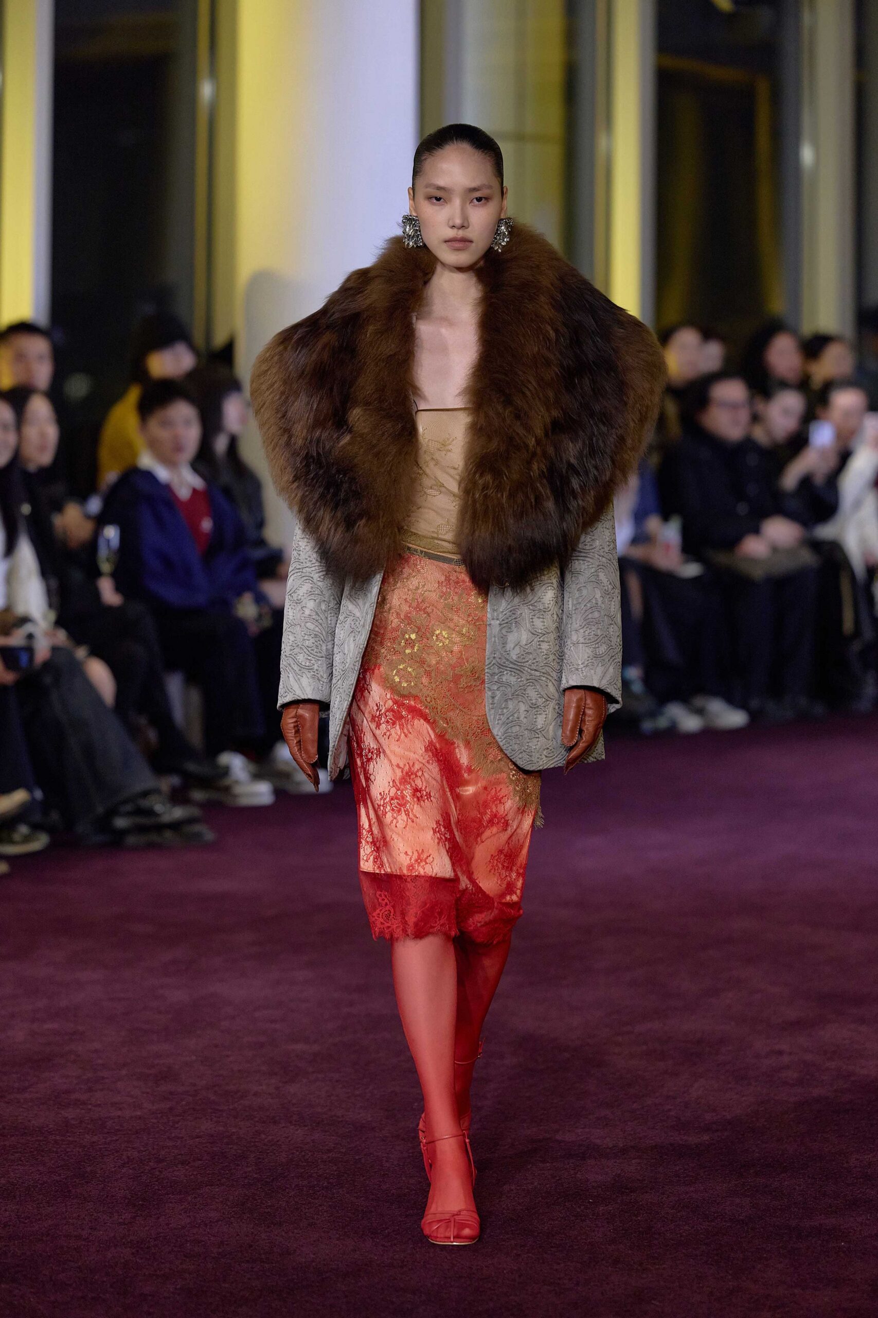 gray wool coat with fur scarf