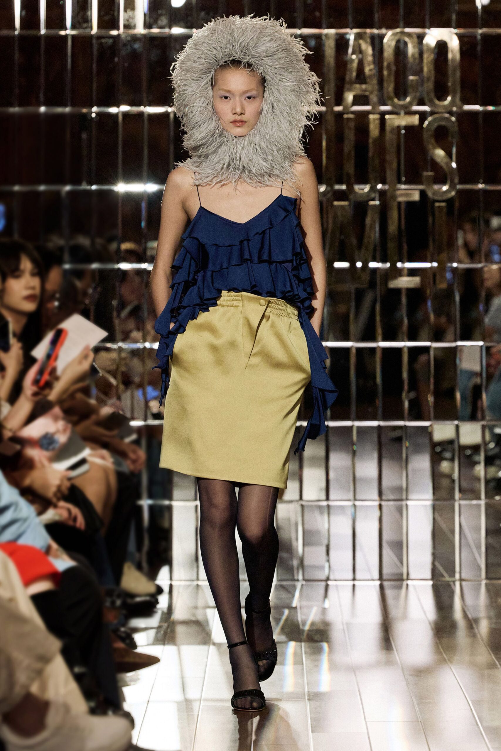 blue ruffled top yellow pencil skirt