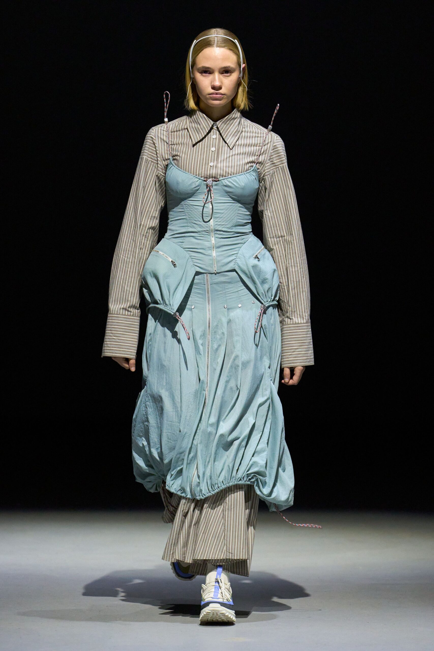 blue cotton long-sleeve collared fitted pleated layered dress