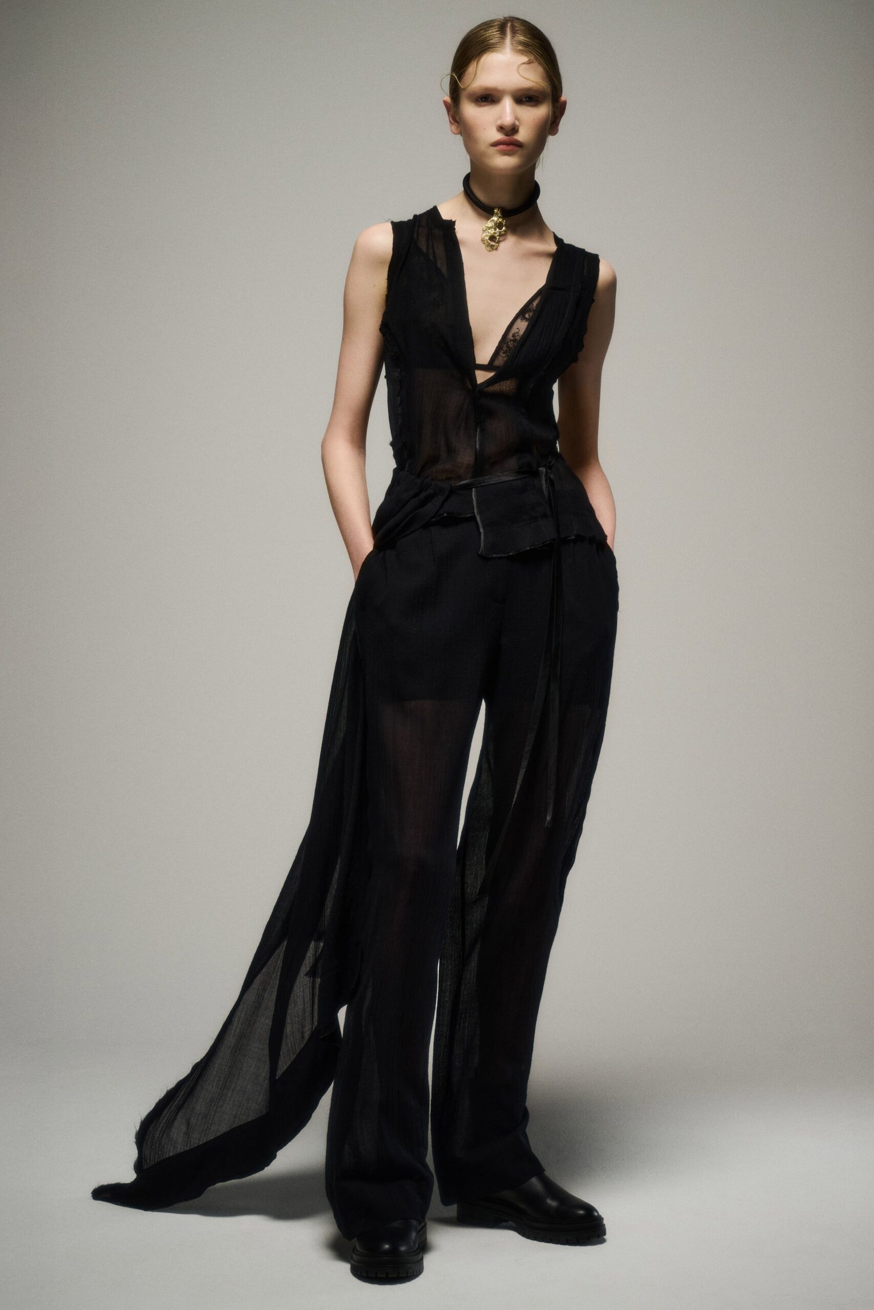 black silk sleeveless v-neck fitted sheer flowing top