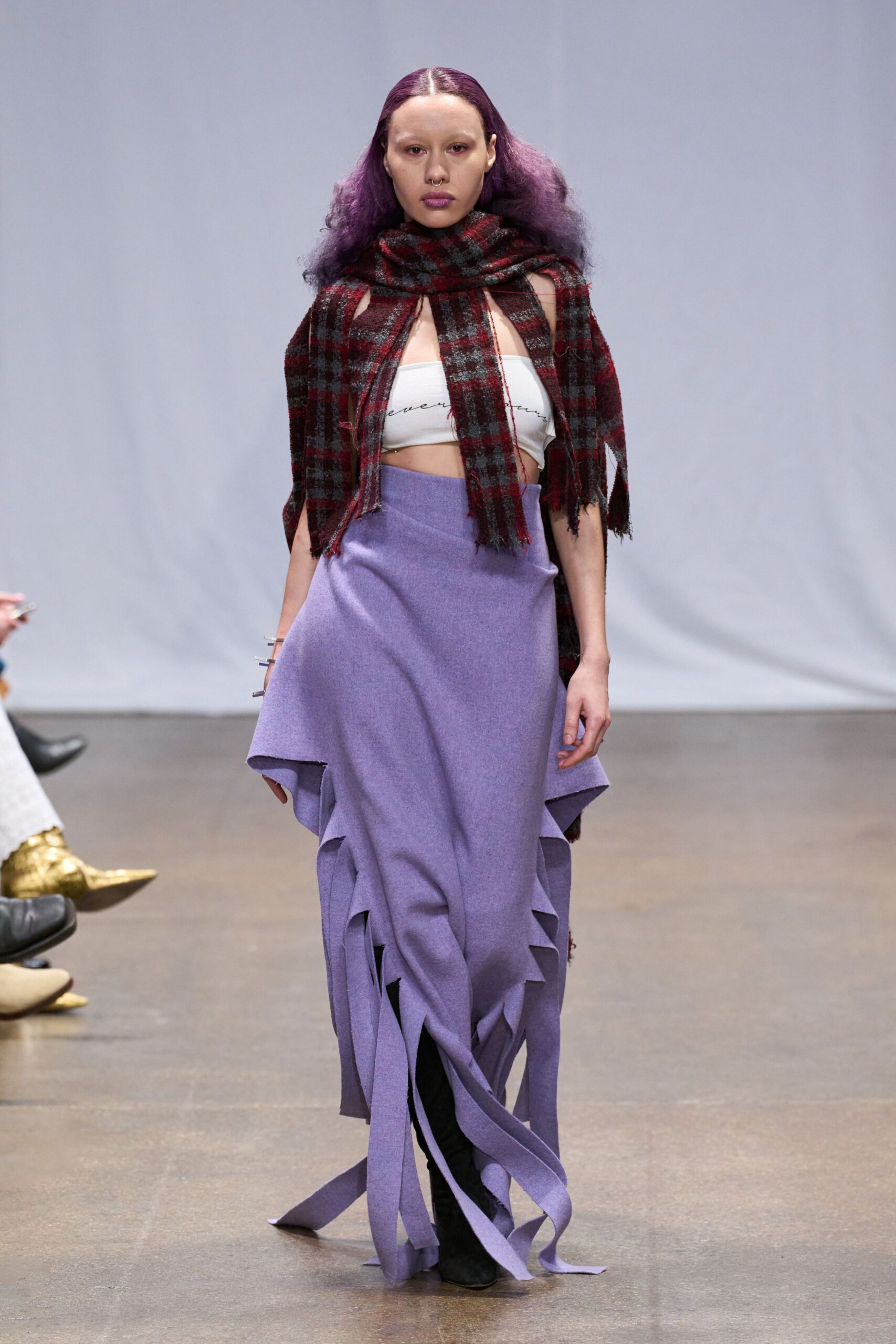 white fitted top with purple asymmetric skirt