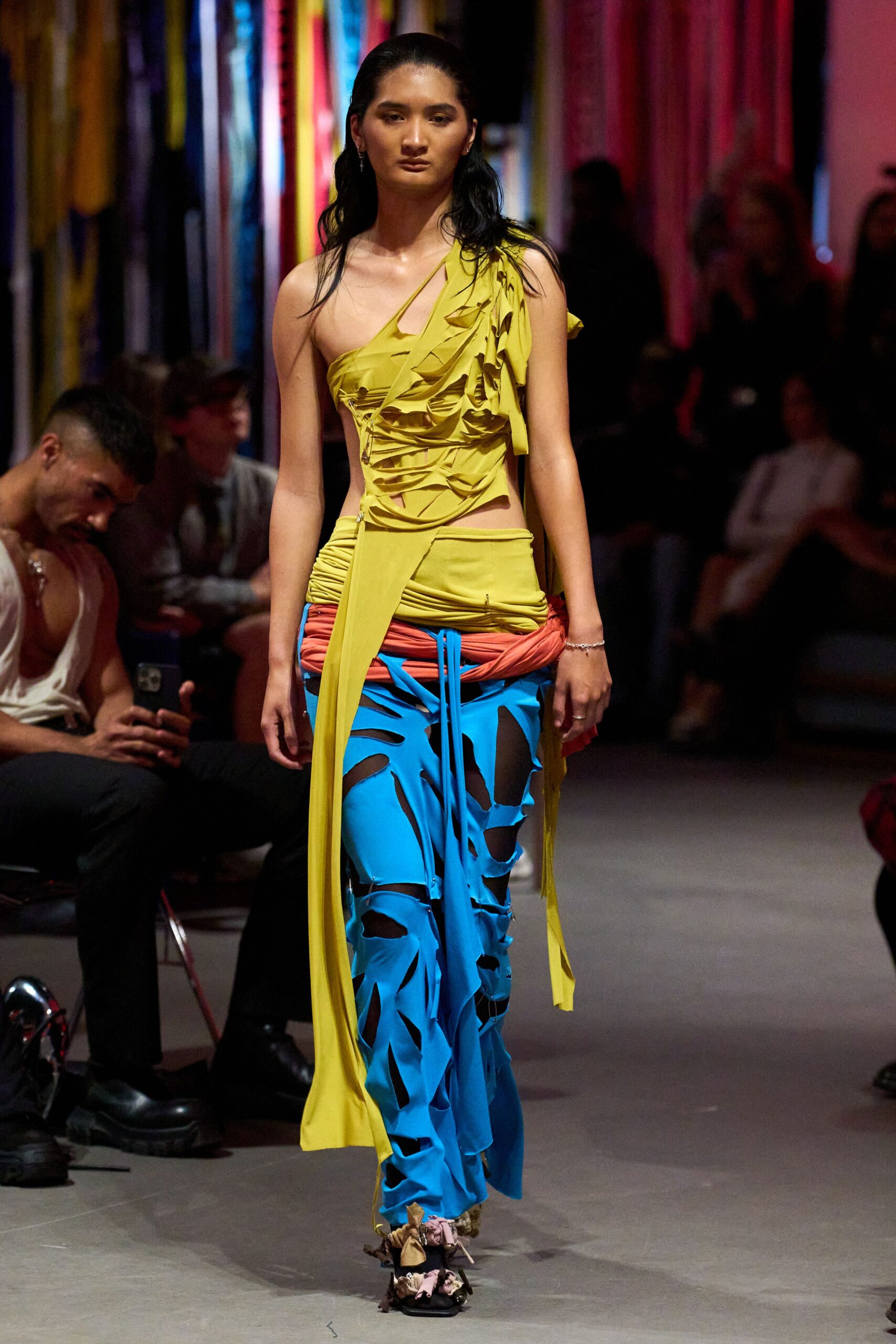 yellow cotton sleeveless asymmetric fitted ruffled maxi dress