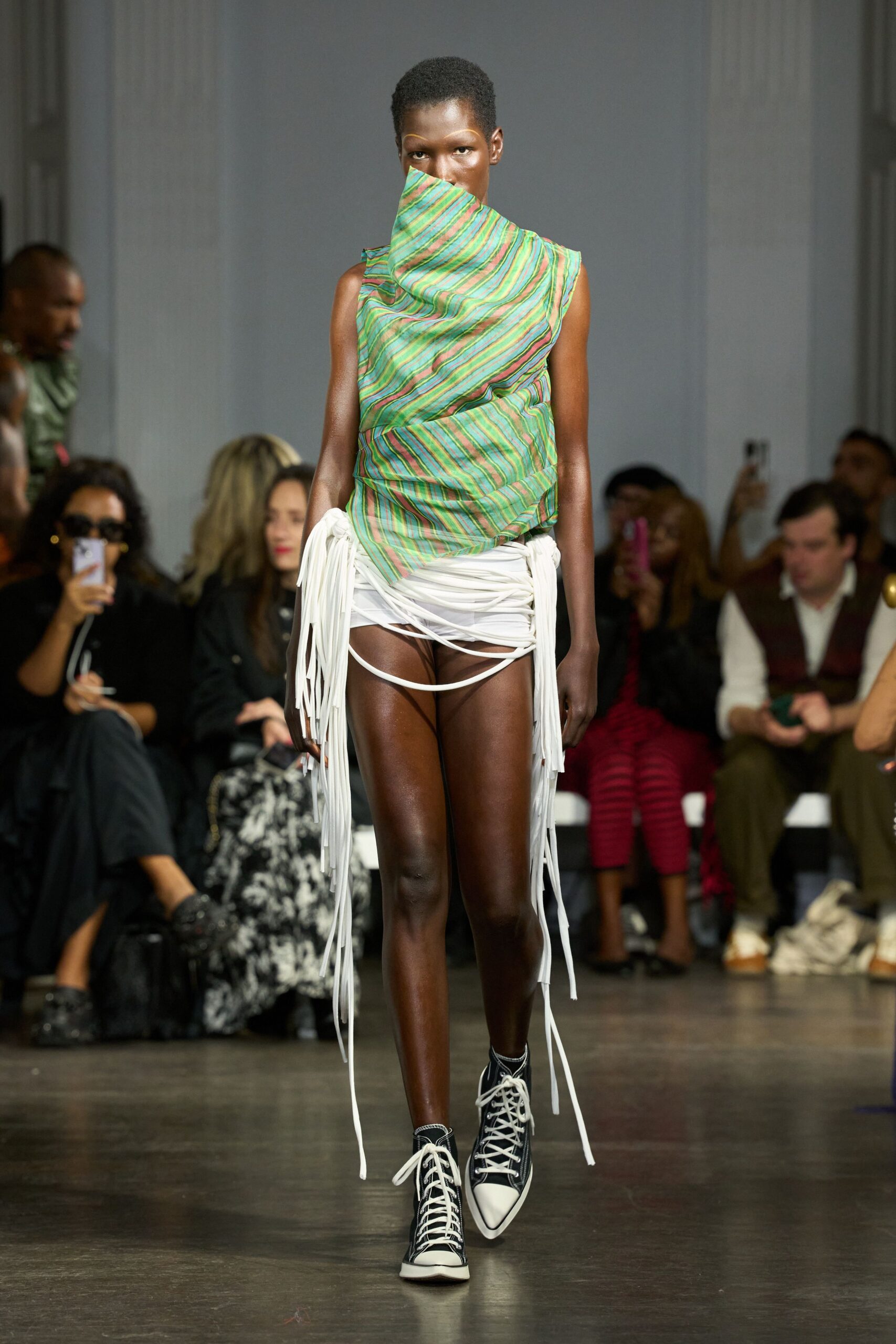multi chiffon sleeveless high-neck fitted layered fringed top