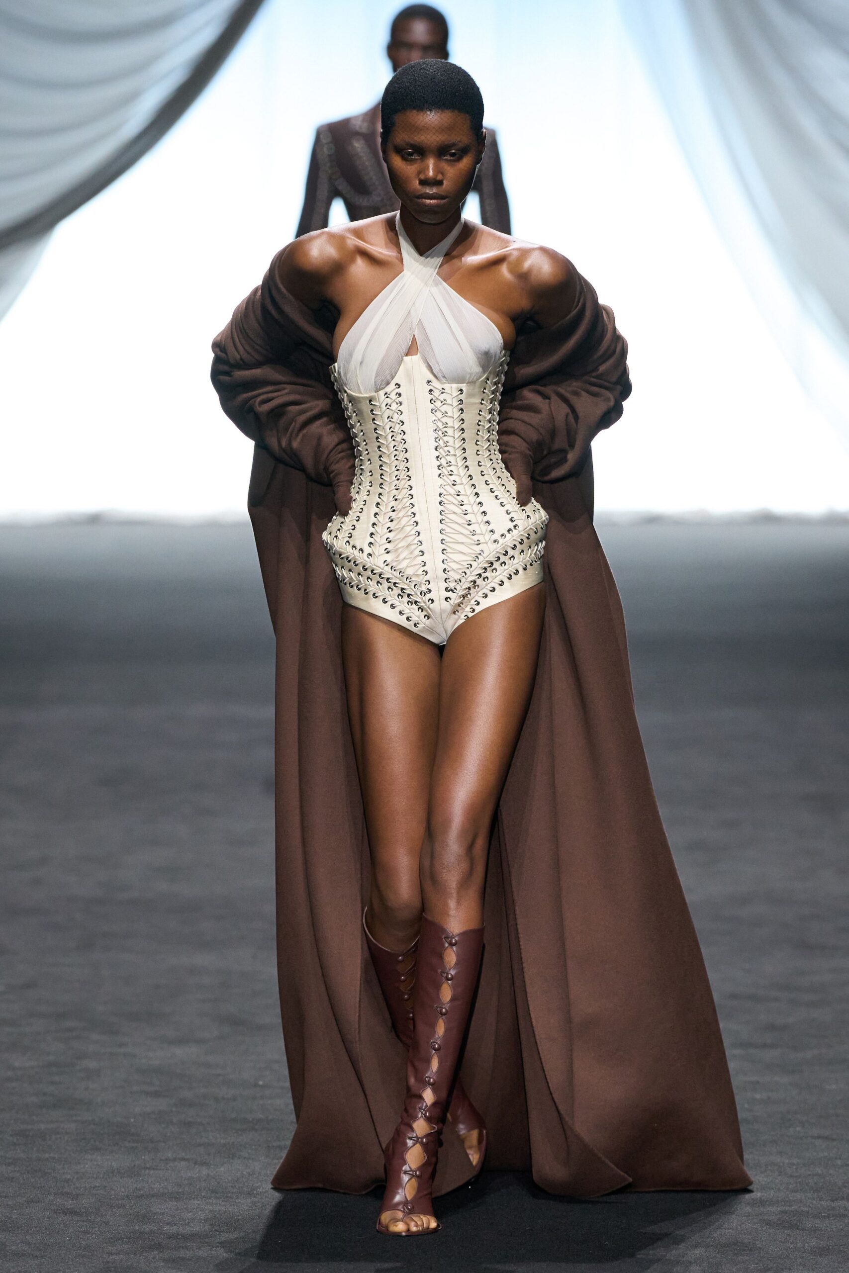 brown wool coat with corset