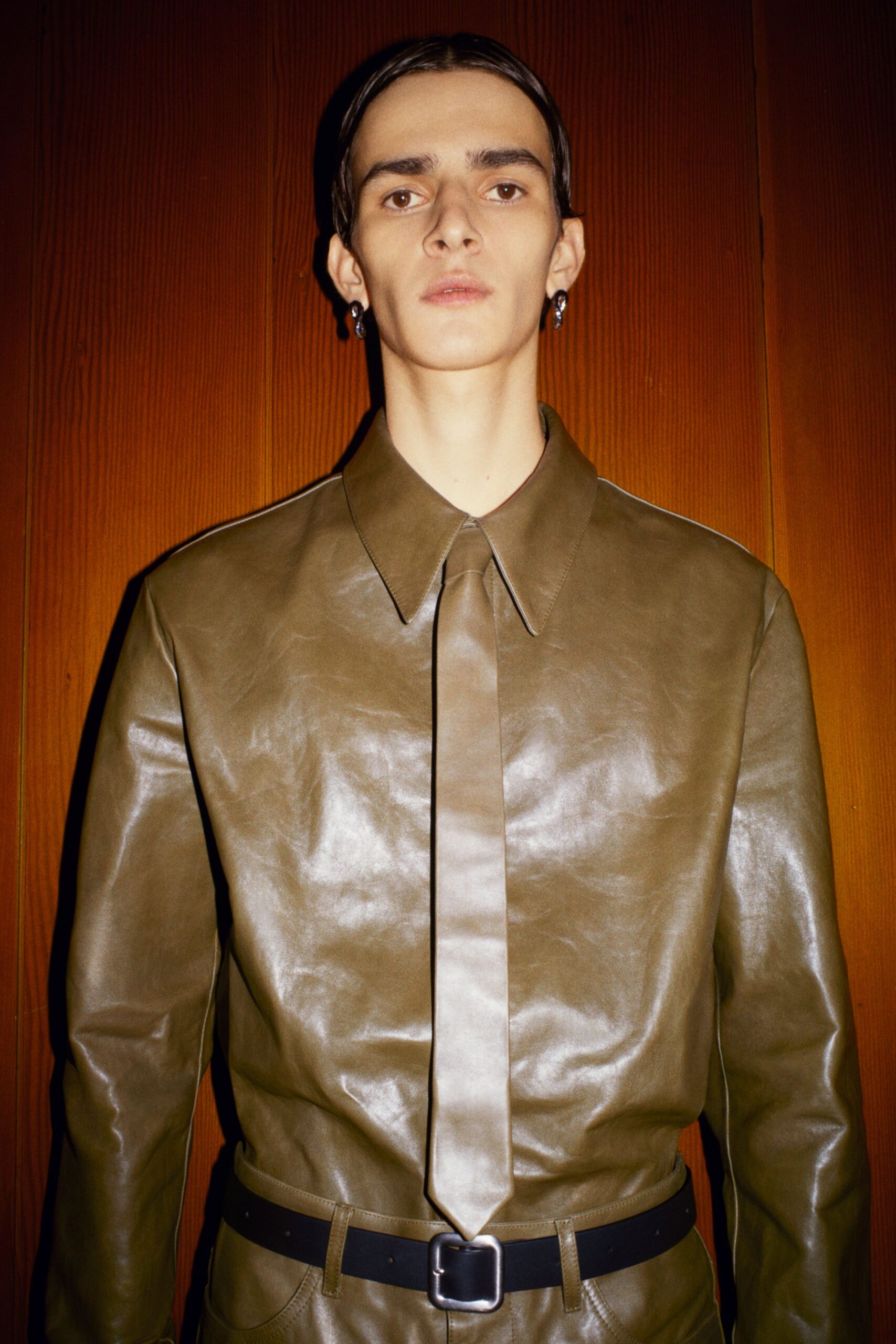 brown leather fitted shirt with belt