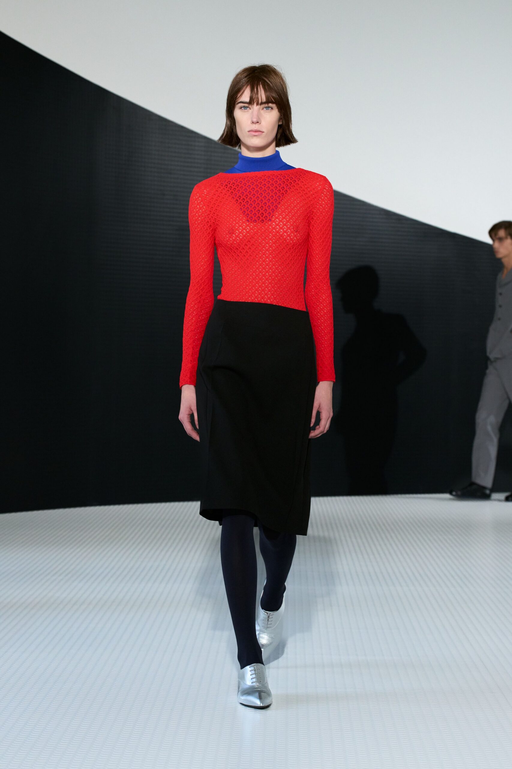 red mesh long-sleeve high-neck fitted textured top