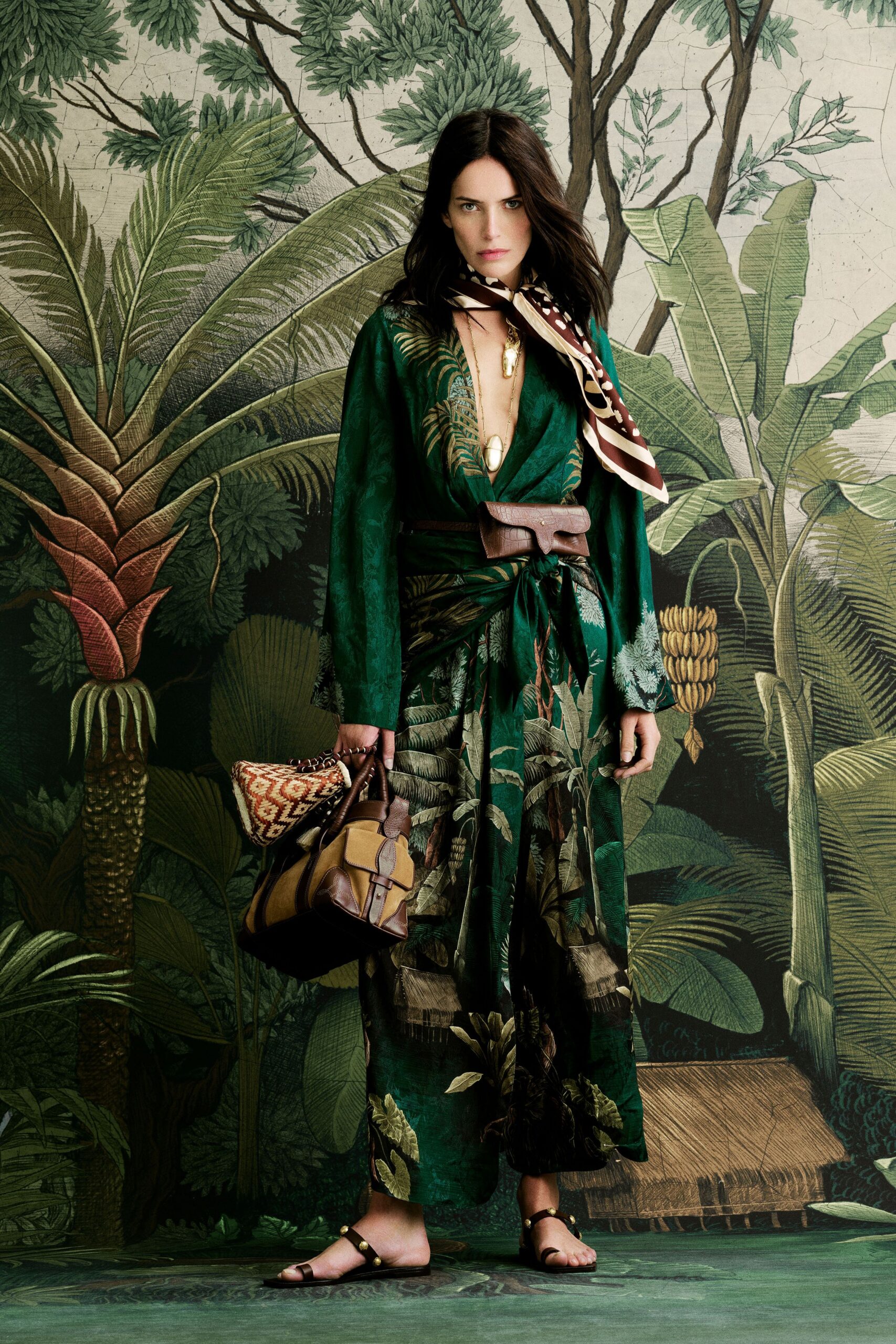 green silk long-sleeve v-neck relaxed flared maxi dress