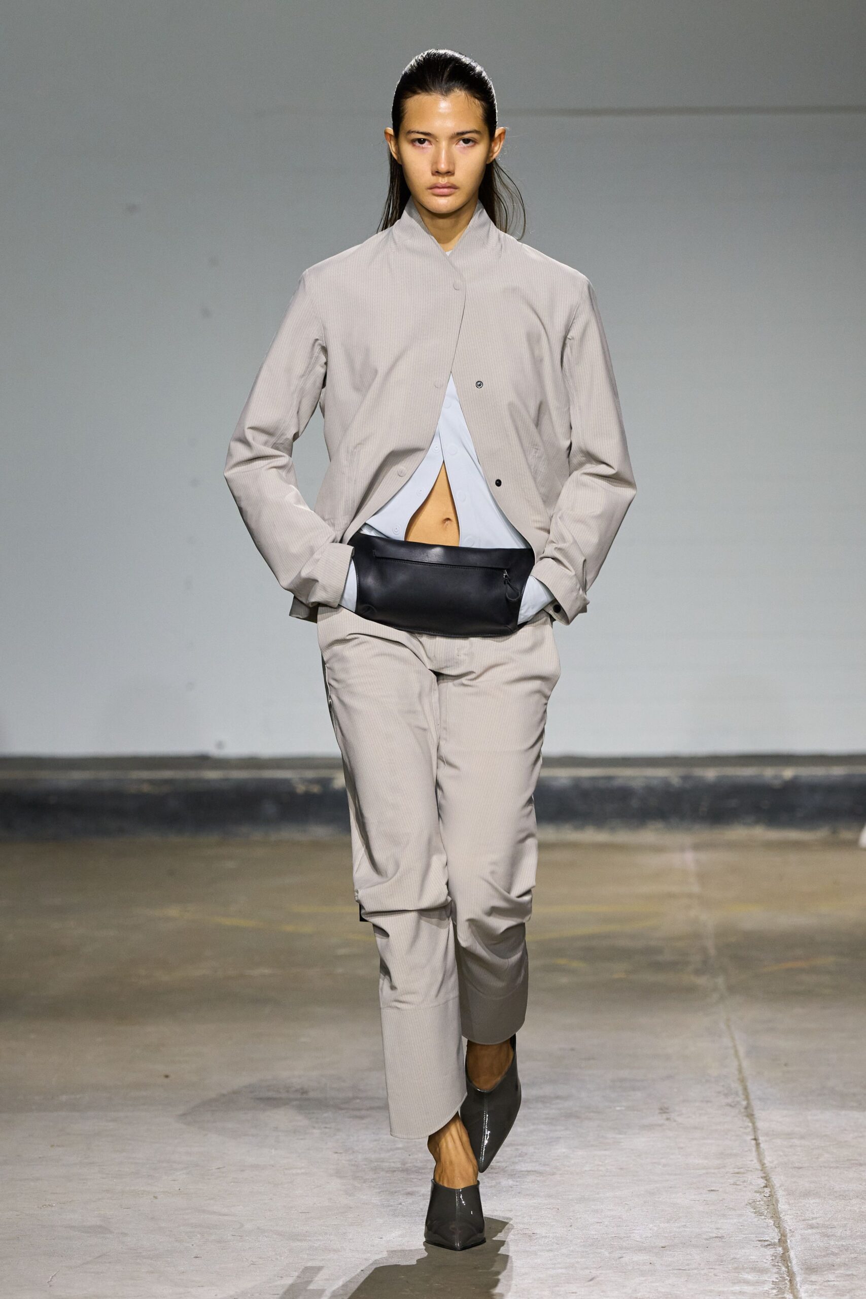 beige cotton jacket with blue shirt
