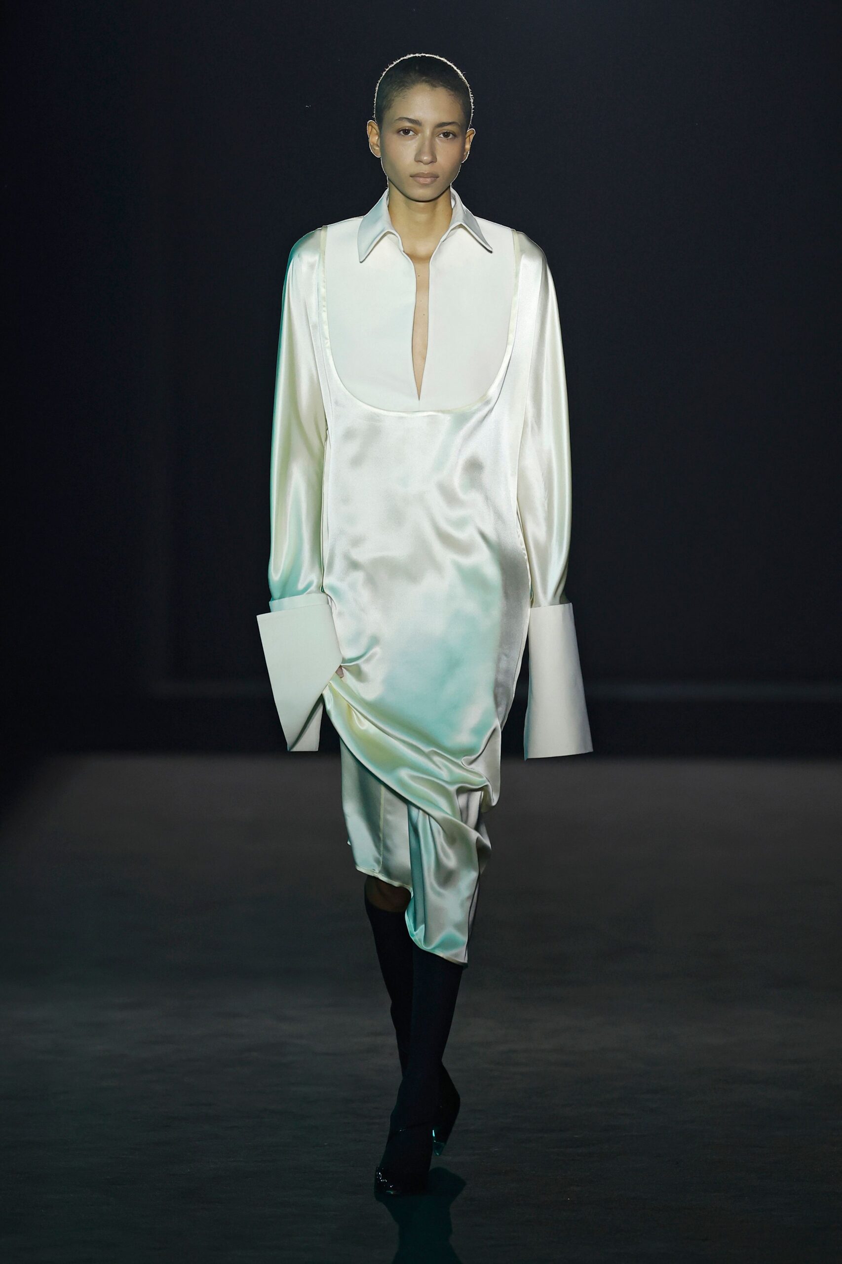 white silk long-sleeve v-neck relaxed draped shiny dress