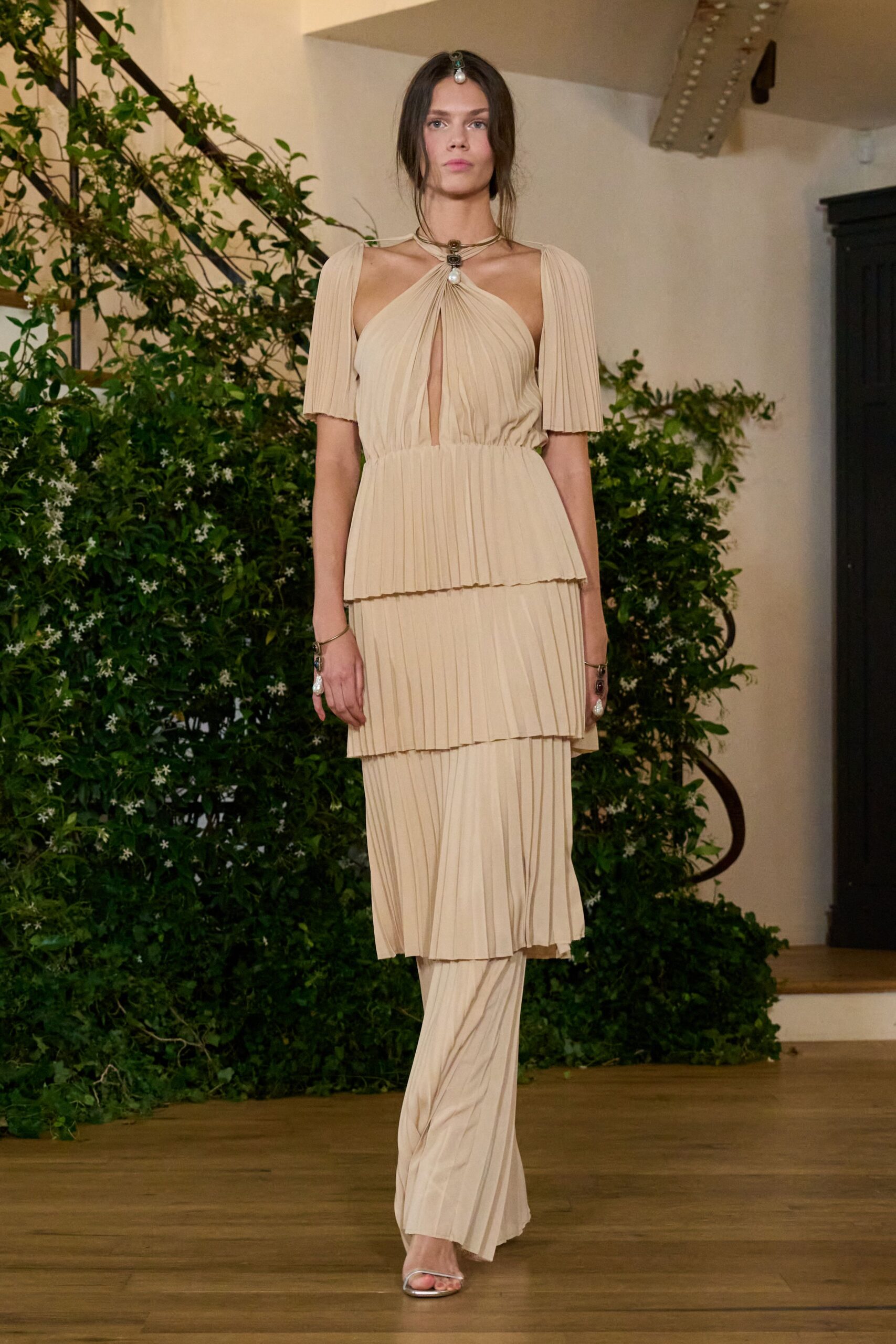 beige silk sleeveless v-neck fitted pleated tiered dress