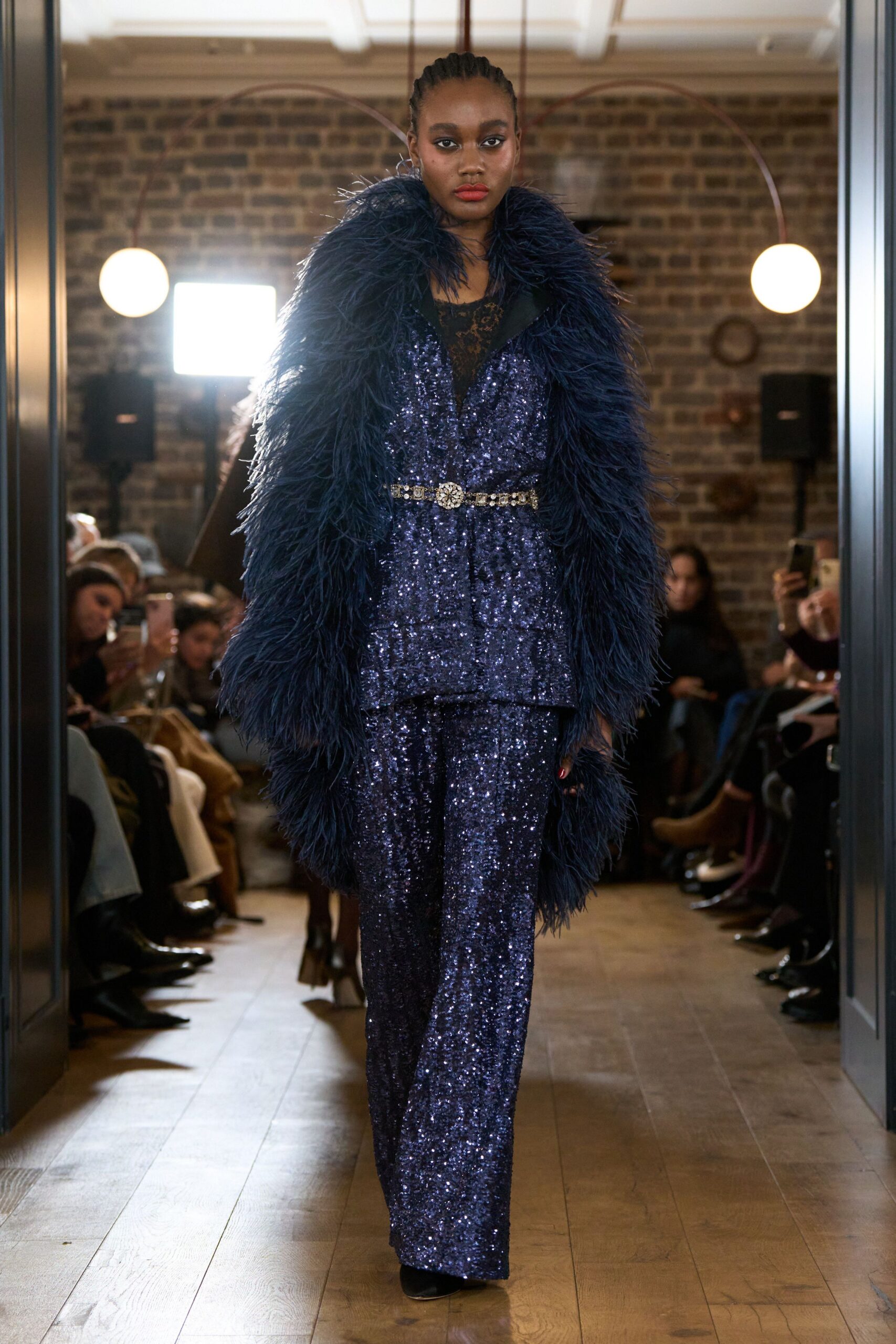blue long-sleeve collared fitted sequined layered shiny suit