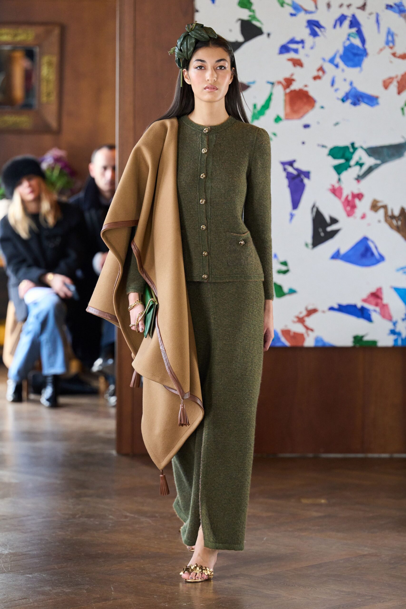 green wool fitted straight-leg pants