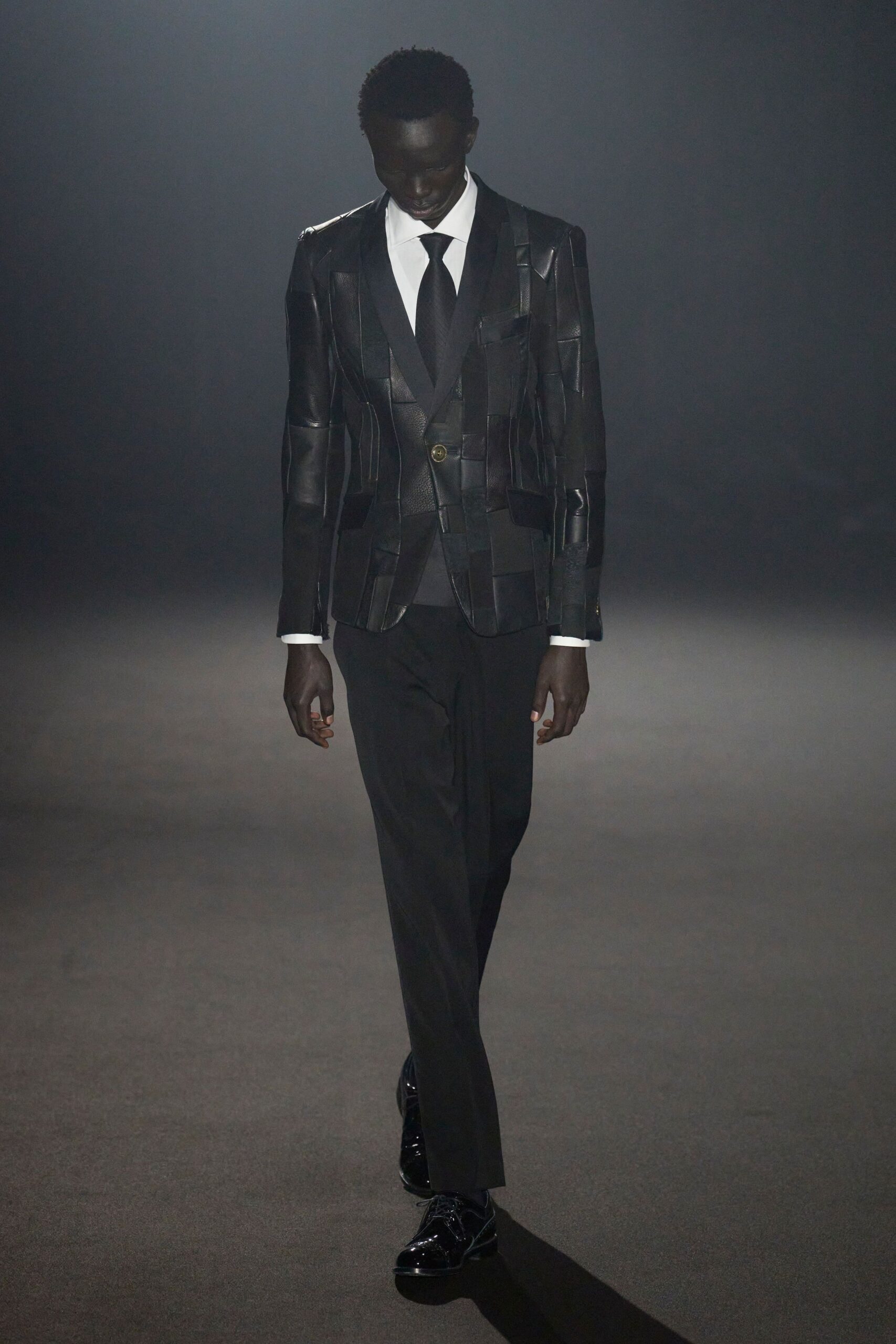 black silk long-sleeve collared tailored buttoned patchwork blazer