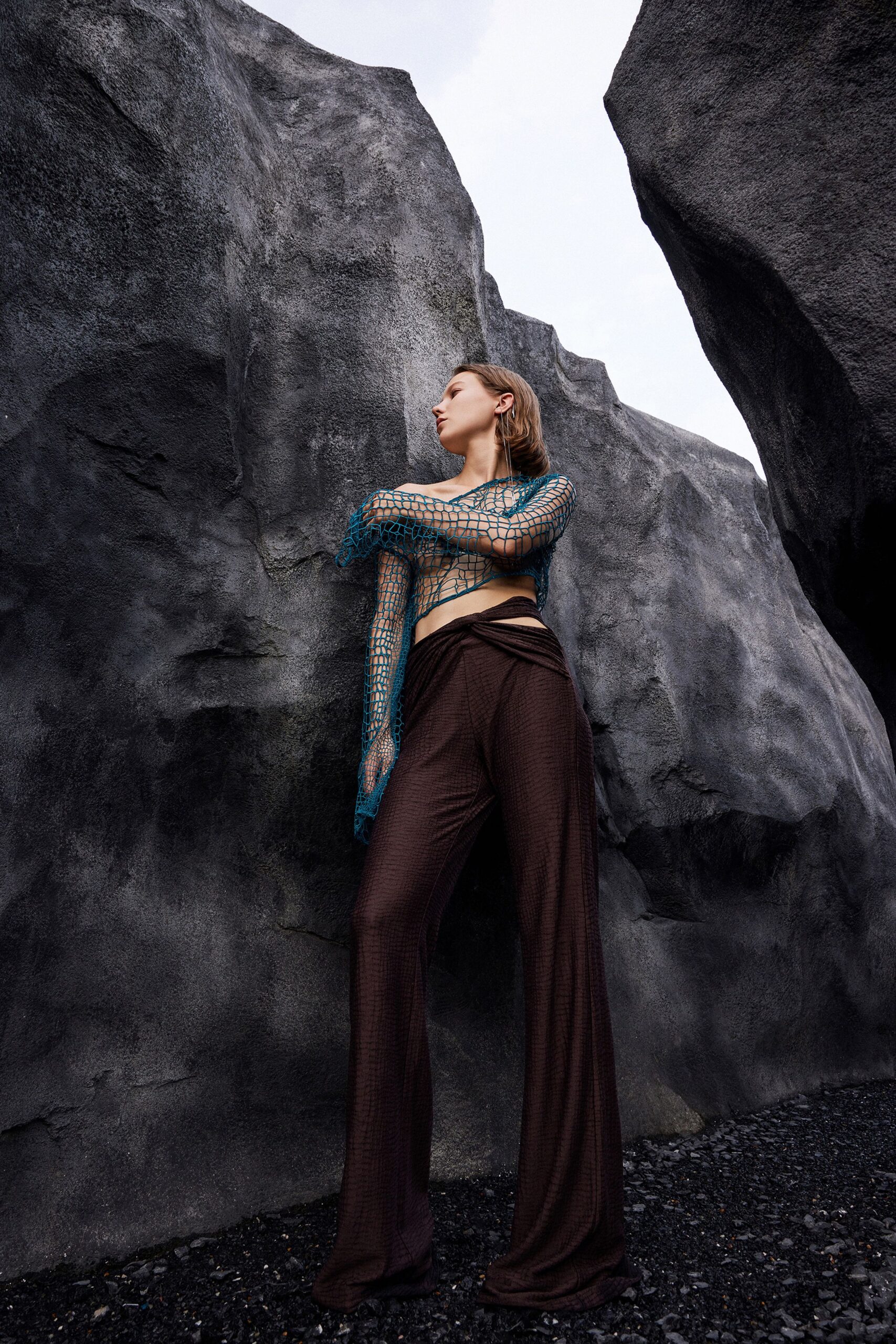 blue mesh long-sleeve fitted layered sheer top